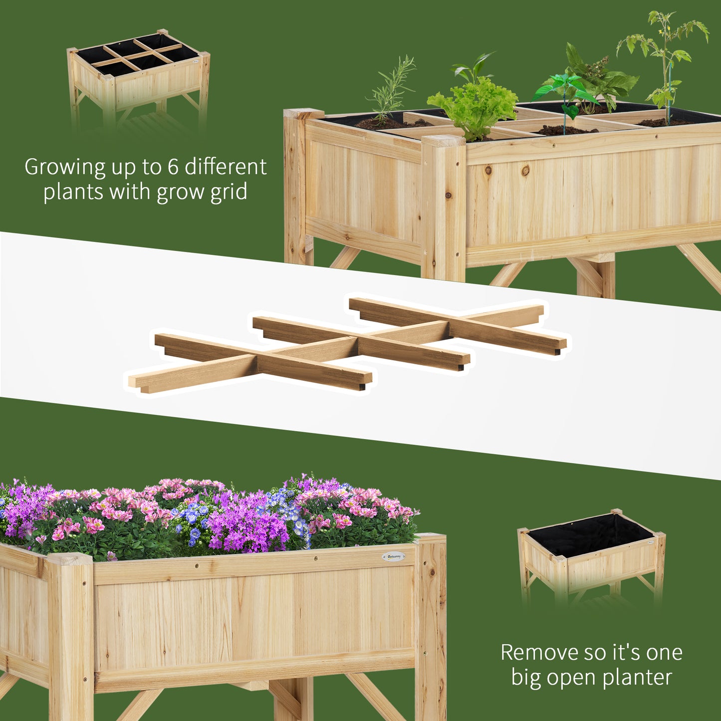 Outsunny Huerto Urbano de Madera 78,5x58x81 cm Mesa de Cultivo con 6 Compartimentos y Estante Inferior para Plantas Flores en Jardín Terraza Exterior Color Natural