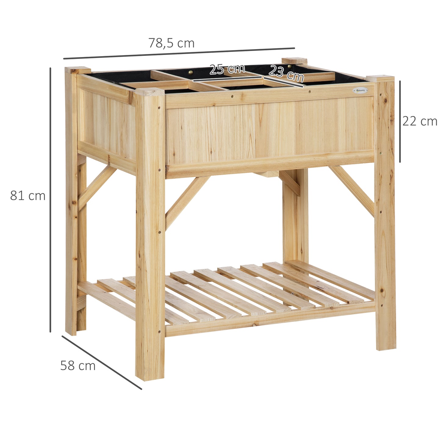 Outsunny Huerto Urbano de Madera 78,5x58x81 cm Mesa de Cultivo con 6 Compartimentos y Estante Inferior para Plantas Flores en Jardín Terraza Exterior Color Natural