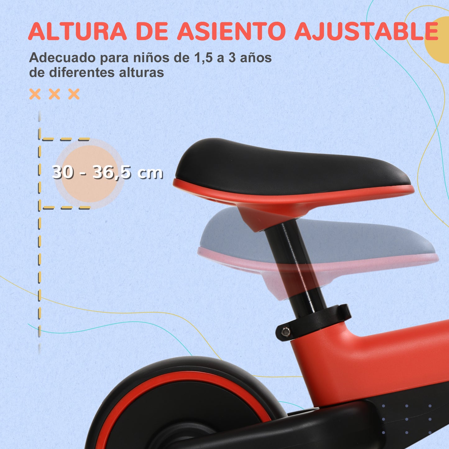 AIYAPLAY Bicicleta sin Pedales para Niños de + 18 Meses Triciclo Infantil para Bebé con Sillín Ajustable en 30-36,5 cm Ruedas de Ø19 cm Carga 25 kg 66,5x34x46,5 cm Rojo