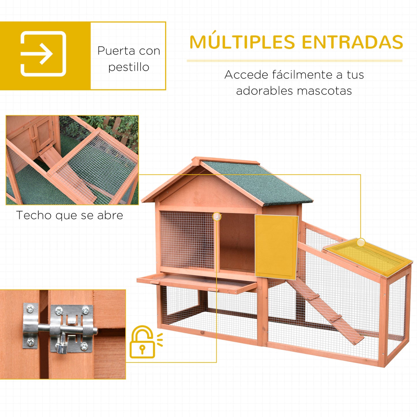 PawHut Conejera de Exterior Hecha de Madera Jaula para Conejos Dos Niveles con Techo Puerta y Ventana Bandeja Extraíble y Lavable Alta Comodidad Gran Espacio 144x64.5x100cm