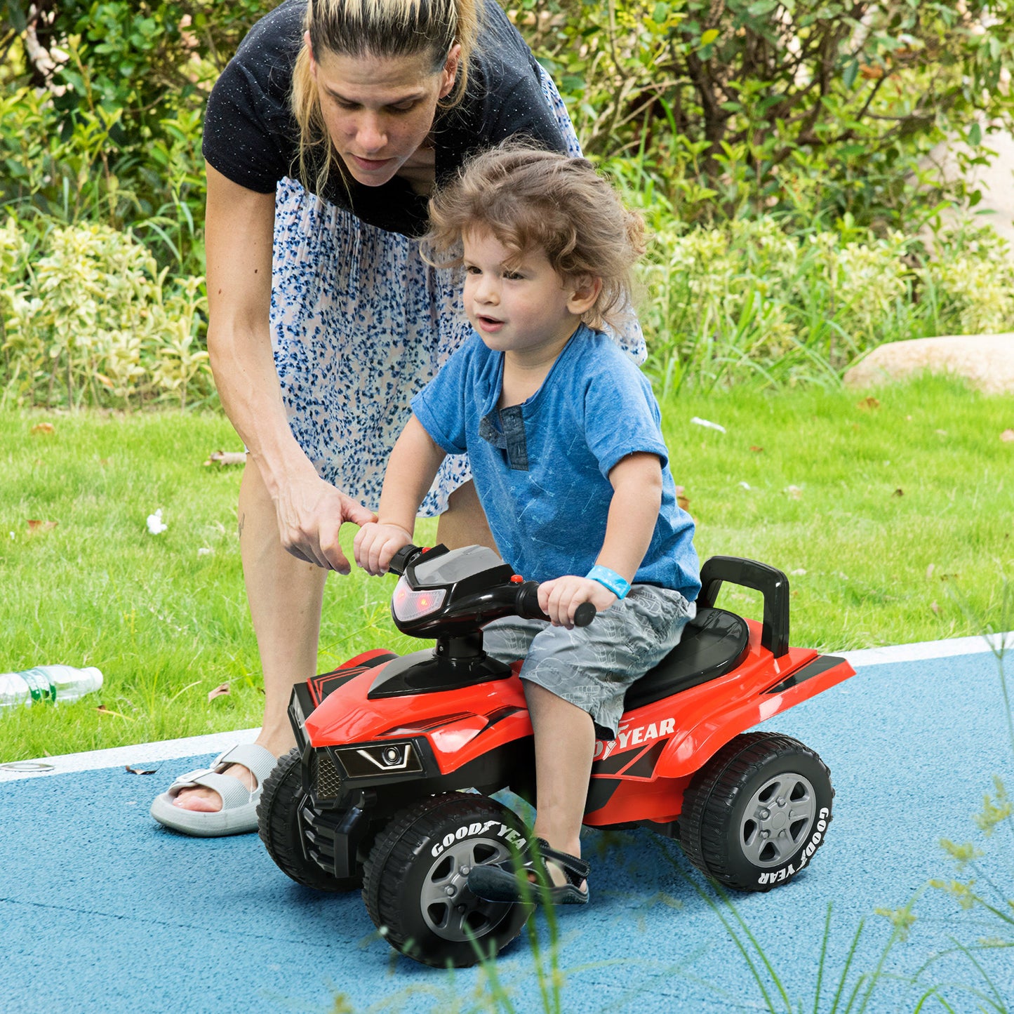 HOMCOM Quad Correpasillos para Niños Mayores de 18-36 Meses Coche Cuatrimoto con Funciones de Luces Bocina y Espacio Secreto de Almacenaje 60x31x42 cm Rojo