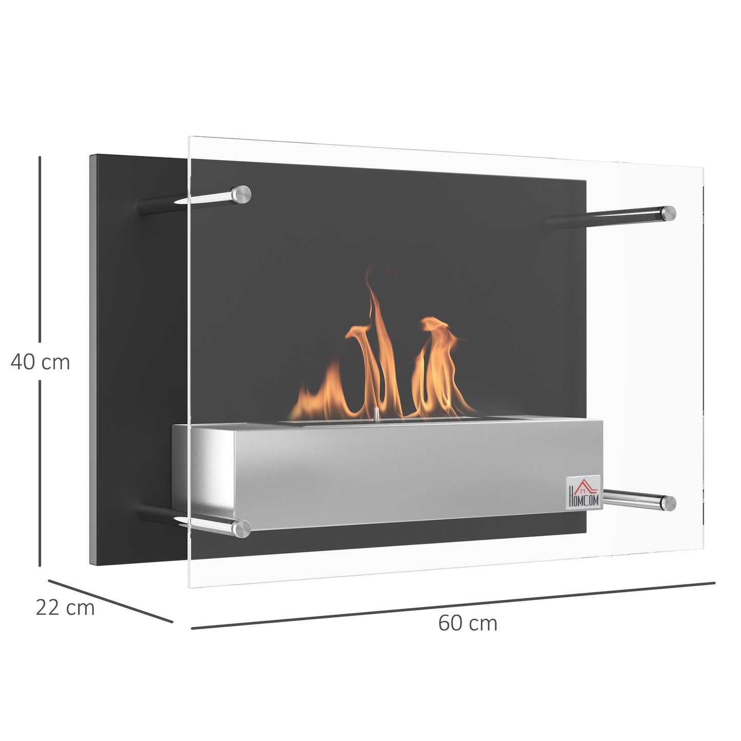 HOMCOM Chimenea de Bioetanol de Pared 60x22x40 cm Capacidad de 1,5 L Combustión de 3 Horas Estufa de Bioetanol de Acero Inoxidable para Salón Dormitorio Negro