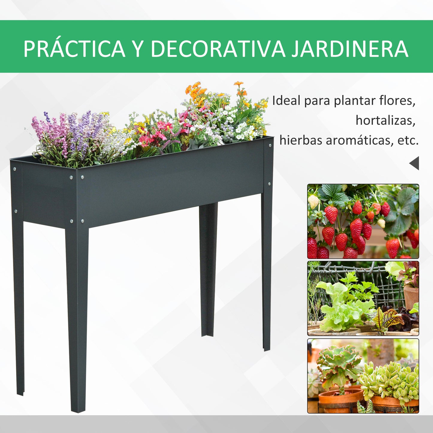 Outsunny Jardinera Elevada Cama de Jardín Elevada Rectangular Mesa de Cultivo para Plantas Verduras y Flores con 3 Orificios de Drenaje 100x30x80 cm Gris