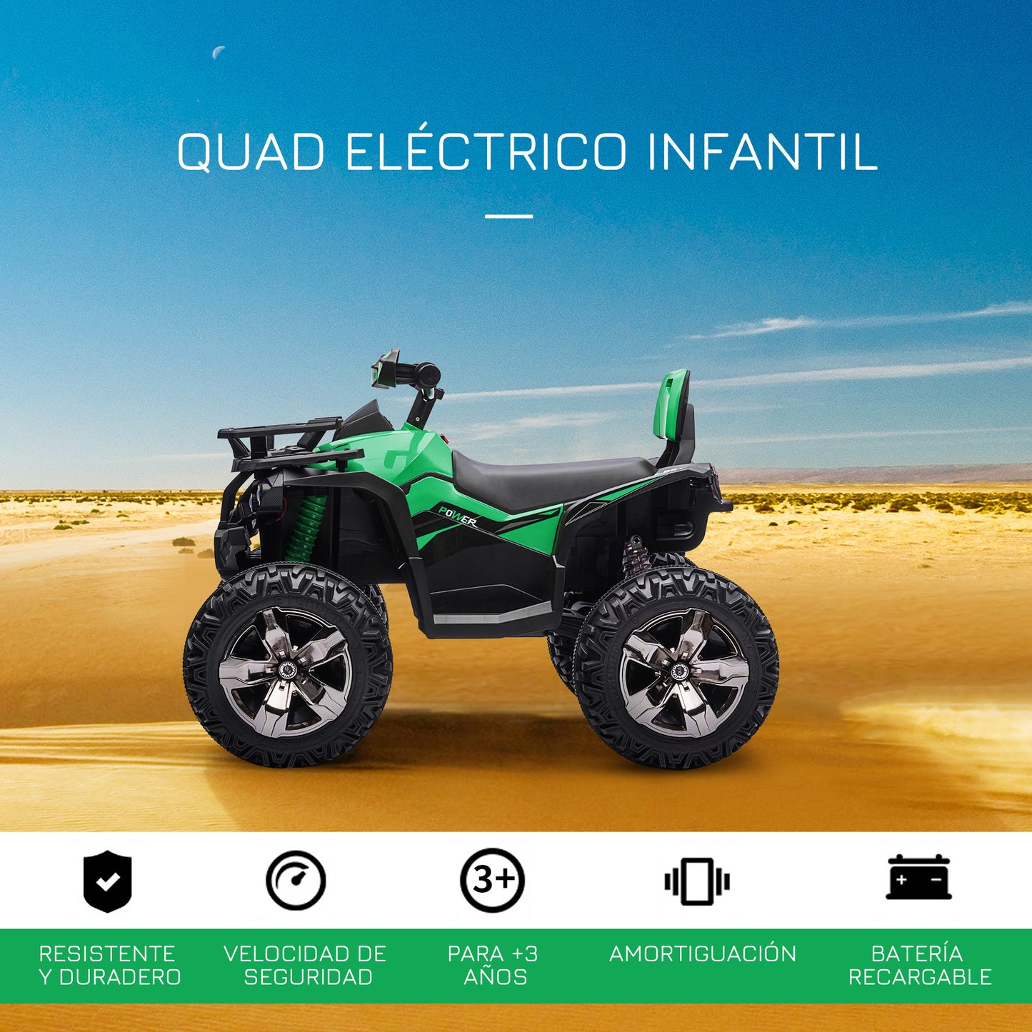 HOMCOM Quad Eléctrico 12V para Niños +3 Años con 2 Motores Faros Música Neumáticos de Suspensión Botones Avance y Retroceso Vehículo Eléctrico a Batería 100x65x73 cm Verde