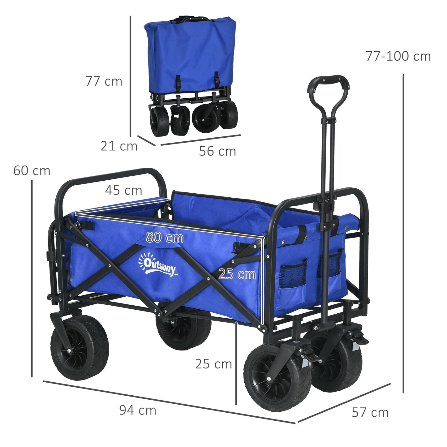 Outsunny Carro de Jardín Carro Plegable con Longitud y Ángulo del Mango Ajustables y Bolsa de Transporte Carga 100 kg para Playa Azul Oscuro