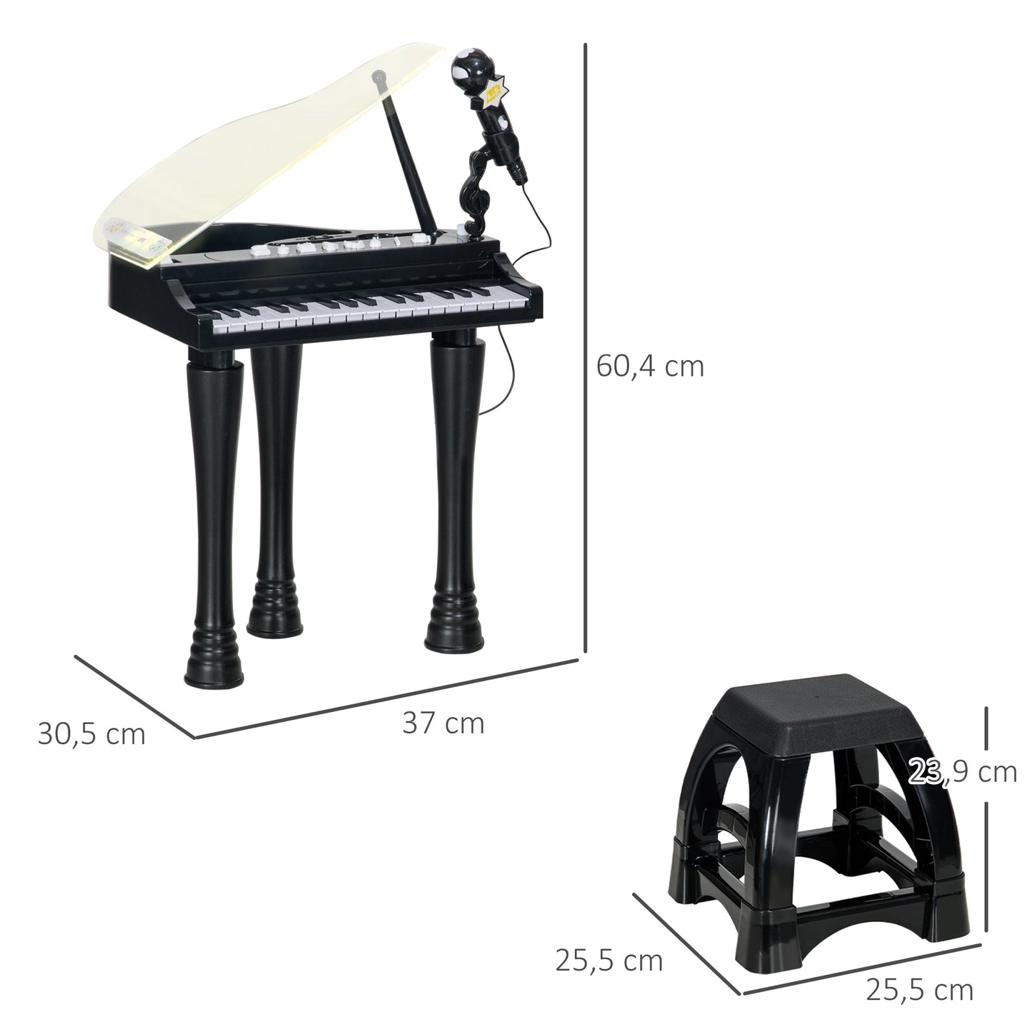 AIYAPLAY Piano Electrónico Infantil de 32 Teclas Juego de Piano con Micrófono Taburete Luces 22 Canciones 4 Sonidos Patas Desmontables y Volumen Ajustable 37x30,5x60,4 cm Negro