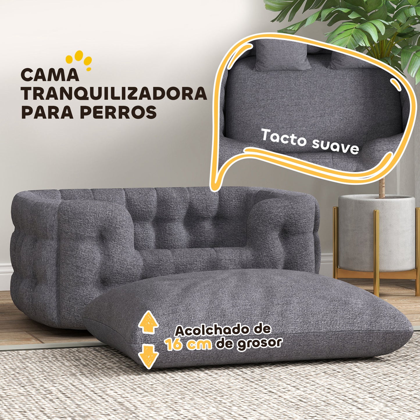 PawHut Cama para Perros Medianos Cama para Mascotas con 2 Almohadas Colchón para Perros con Base Antideslizante Funda Extraíble y Lavable 90x60x35 cm Gris