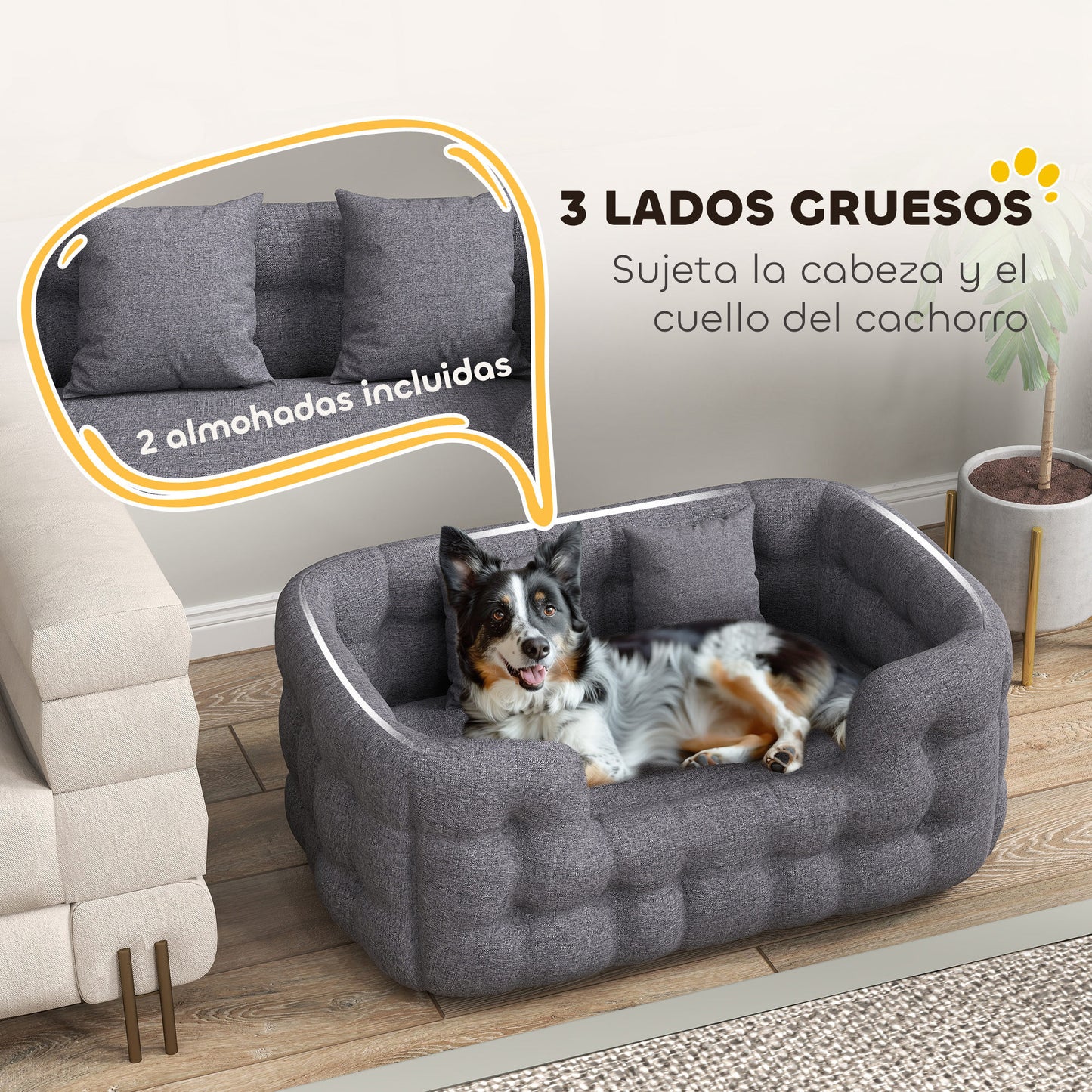 PawHut Cama para Perros Medianos Cama para Mascotas con 2 Almohadas Colchón para Perros con Base Antideslizante Funda Extraíble y Lavable 90x60x35 cm Gris