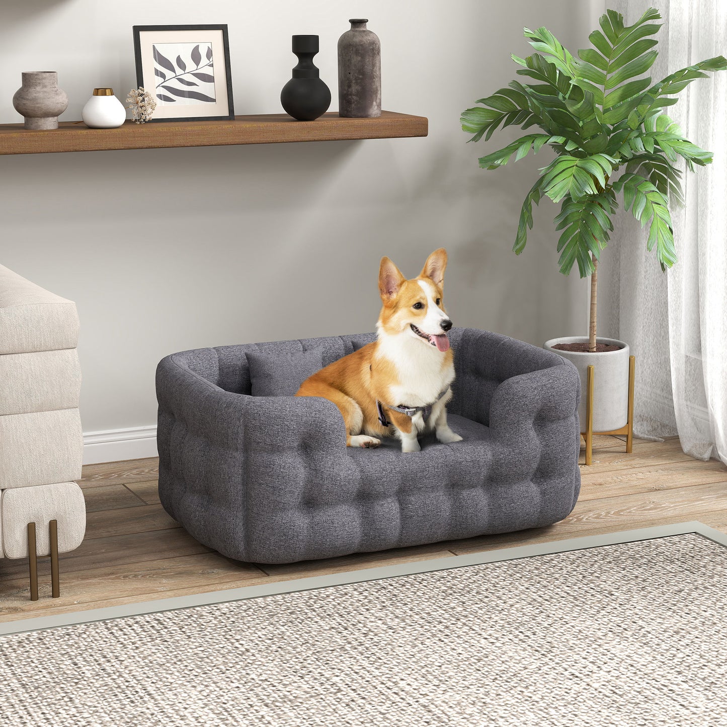 PawHut Cama para Perros Medianos Cama para Mascotas con 2 Almohadas Colchón para Perros con Base Antideslizante Funda Extraíble y Lavable 90x60x35 cm Gris