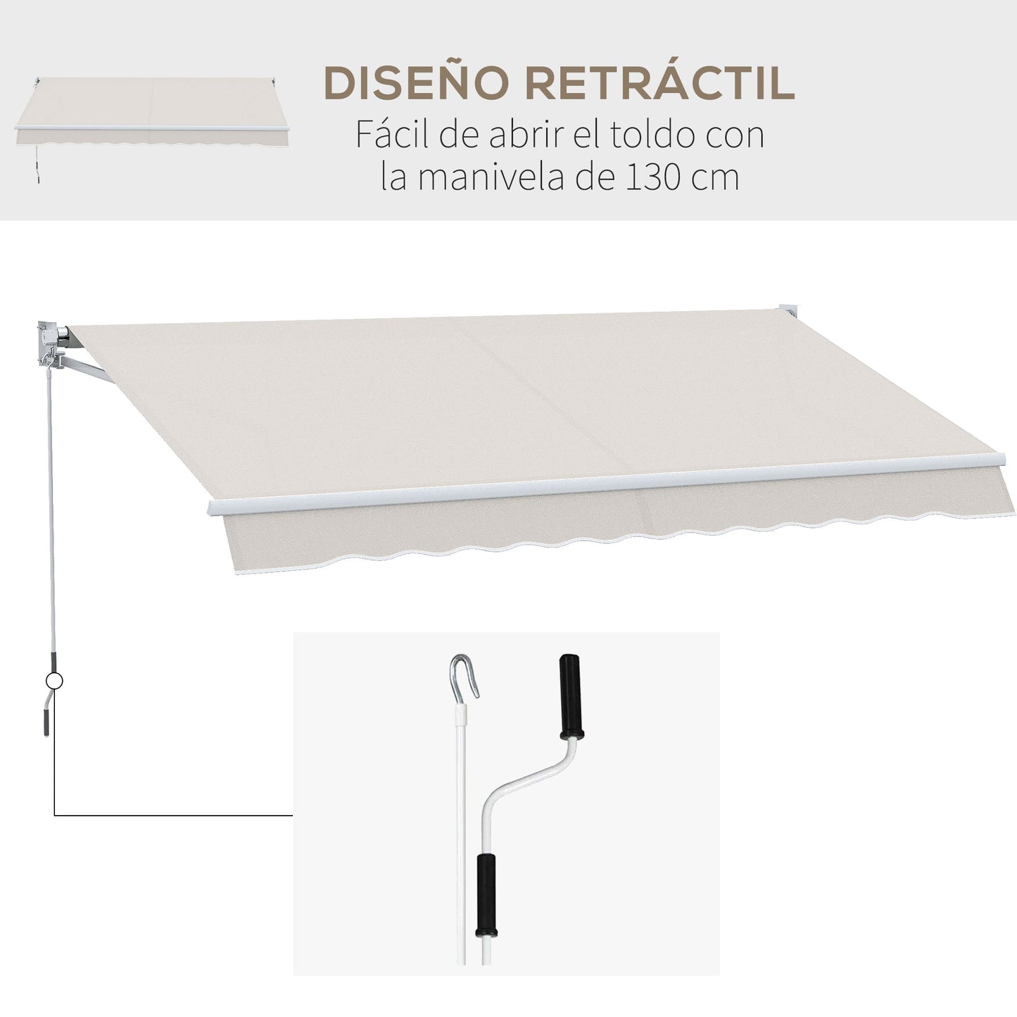 Outsunny Toldo Manual Retráctil 200x295 cm Toldo para Balcón con Manivela de Metal Impermeable y Anti-UV Toldo Enrollable de Exterior para Jardín Terraza Ventanas Crema