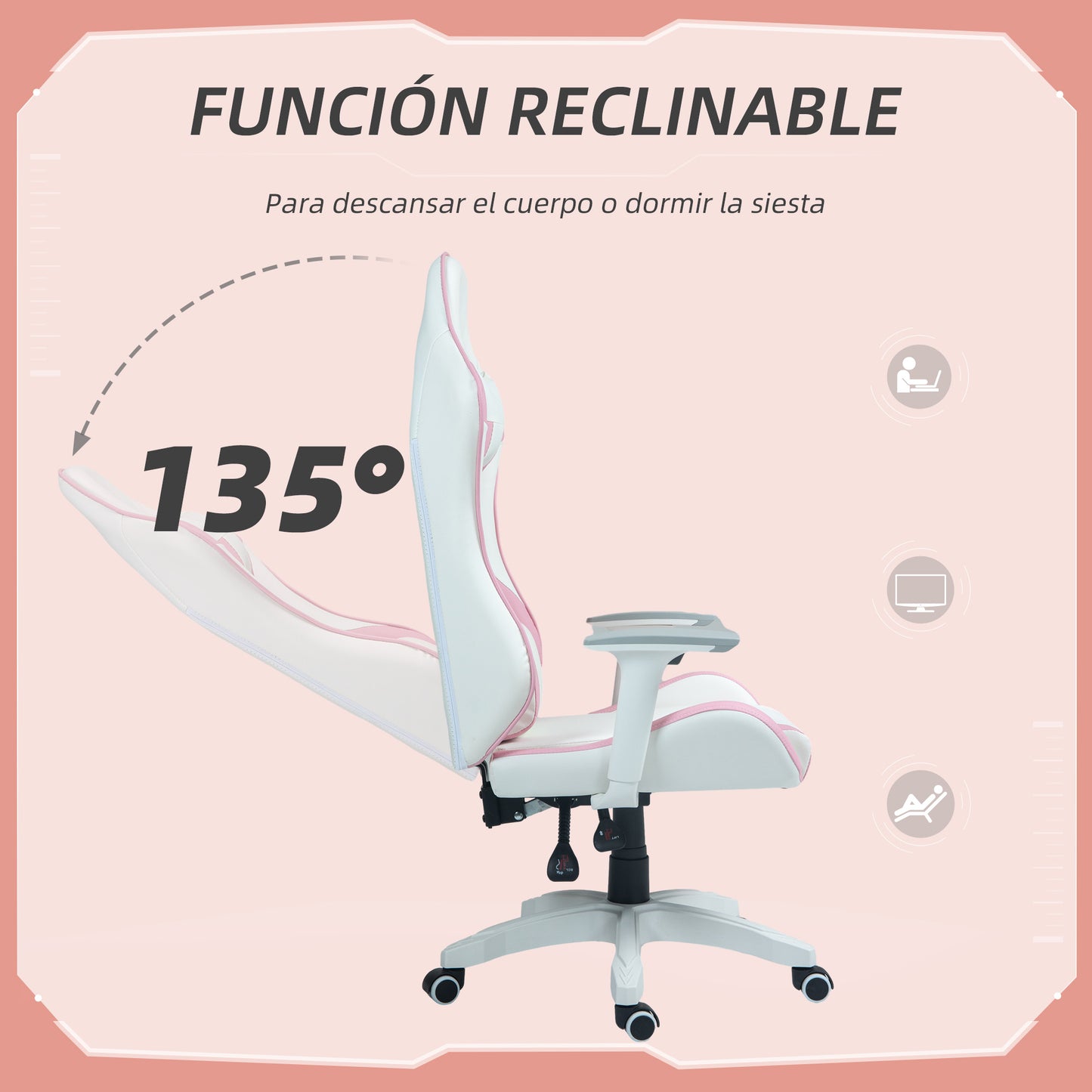 HOMCOM Silla Gaming Reclinable Silla Gamer Giratoria Silla de Oficina Basculante con Cojín Lumbar Reposabrazos 3D Reposacabezas Extraíble y Altura Ajustable 67x60x120-128 cm Blanco y Rosa