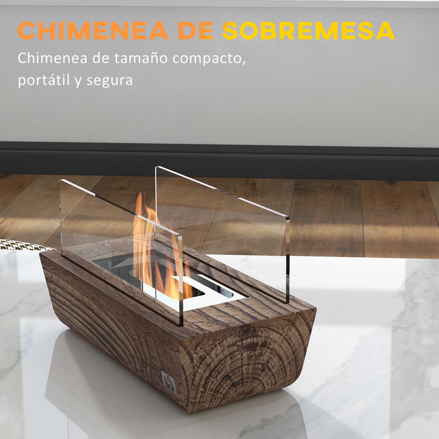 HOMCOM Chimenea de Mesa Chimenea de Bioetanol Portátil Capacidad de 150 ml Combustión de 45 Minutos Estufa de Bioetanol para Interior 5-8 ㎡ Roble