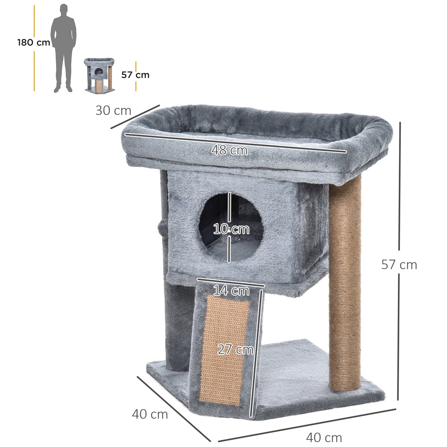 PawHut Árbol Rascador para Gatos Pequeños de 57 cm Torre para Gatos con Poste de Yute Rampa para Rascar Cama y Bola Colgante 40x40x57 cm Gris Claro