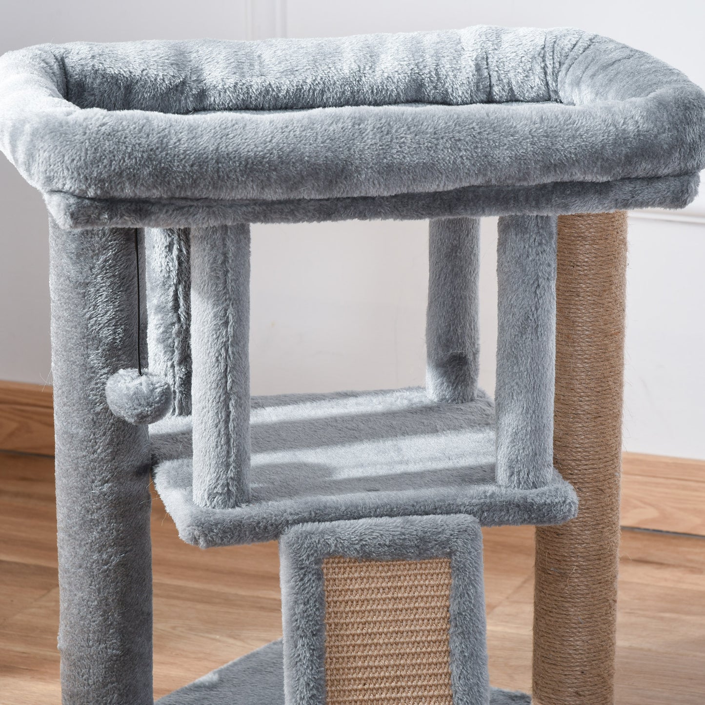 PawHut Árbol Rascador para Gatos Pequeños de 57 cm Torre para Gatos con Poste de Yute Rampa para Rascar Cama y Bola Colgante 40x40x57 cm Gris Claro