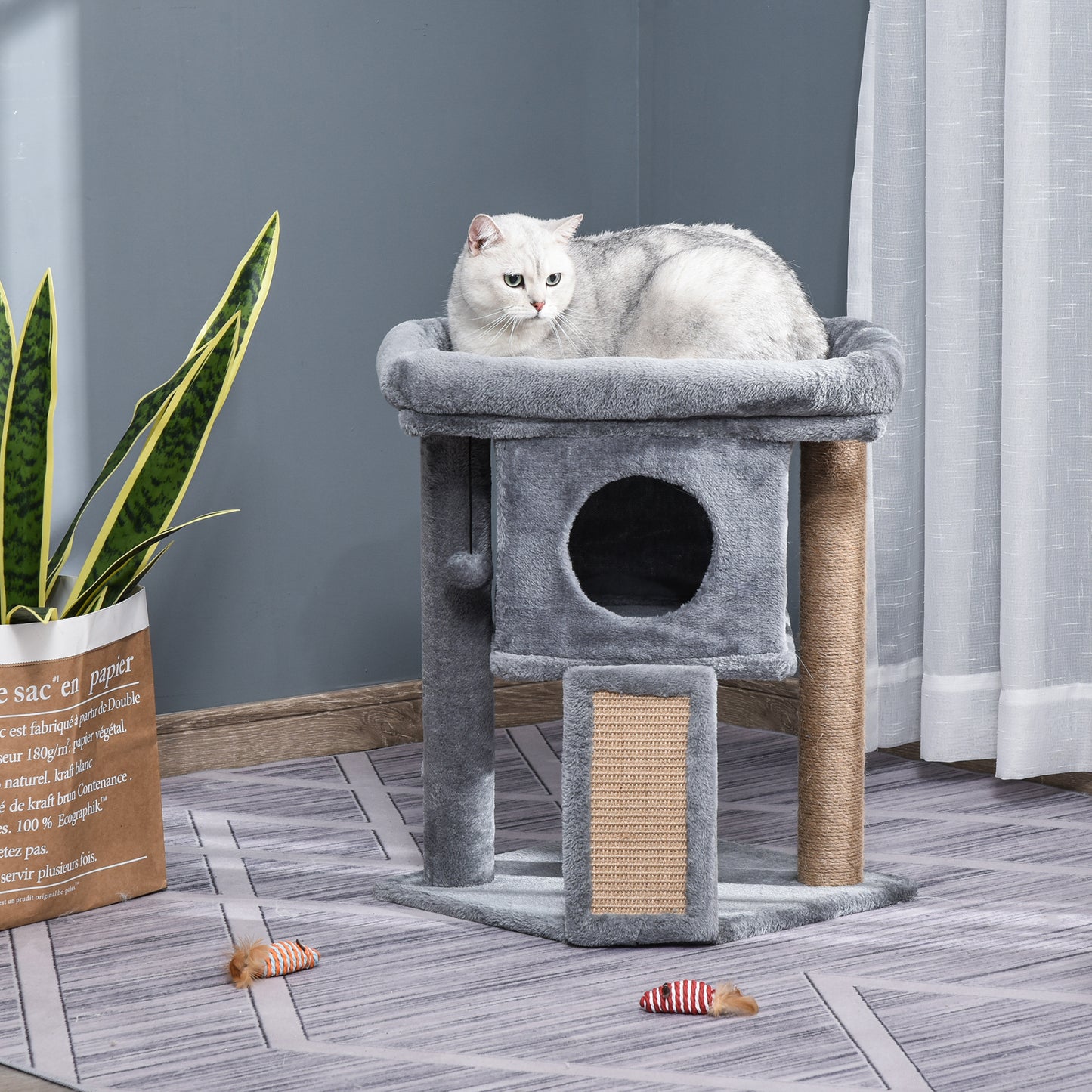 PawHut Árbol Rascador para Gatos Pequeños de 57 cm Torre para Gatos con Poste de Yute Rampa para Rascar Cama y Bola Colgante 40x40x57 cm Gris Claro