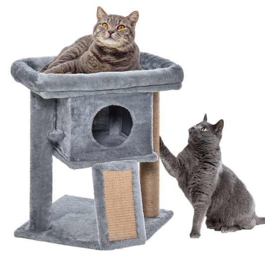 PawHut Árbol Rascador para Gatos Pequeños de 57 cm Torre para Gatos con Poste de Yute Rampa para Rascar Cama y Bola Colgante 40x40x57 cm Gris Claro