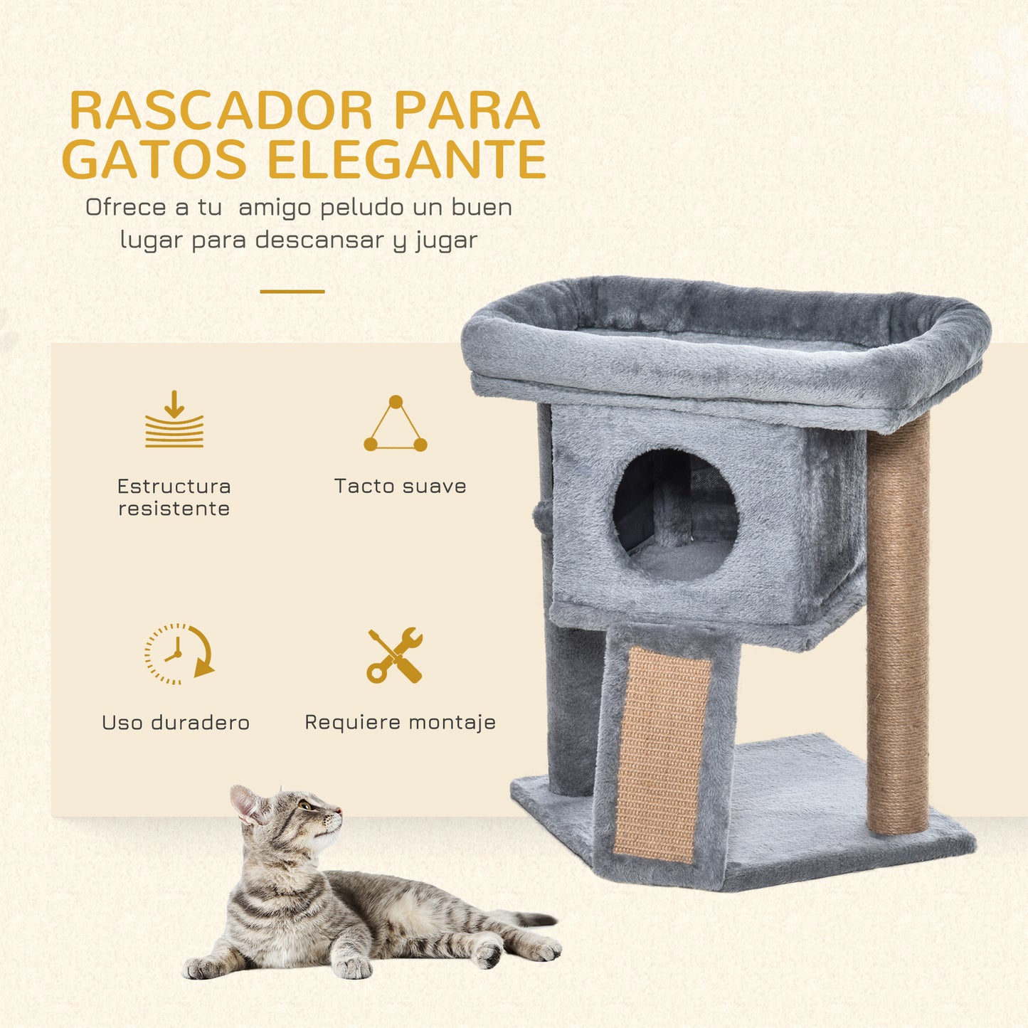 PawHut Árbol Rascador para Gatos Pequeños de 57 cm Torre para Gatos con Poste de Yute Rampa para Rascar Cama y Bola Colgante 40x40x57 cm Gris Claro