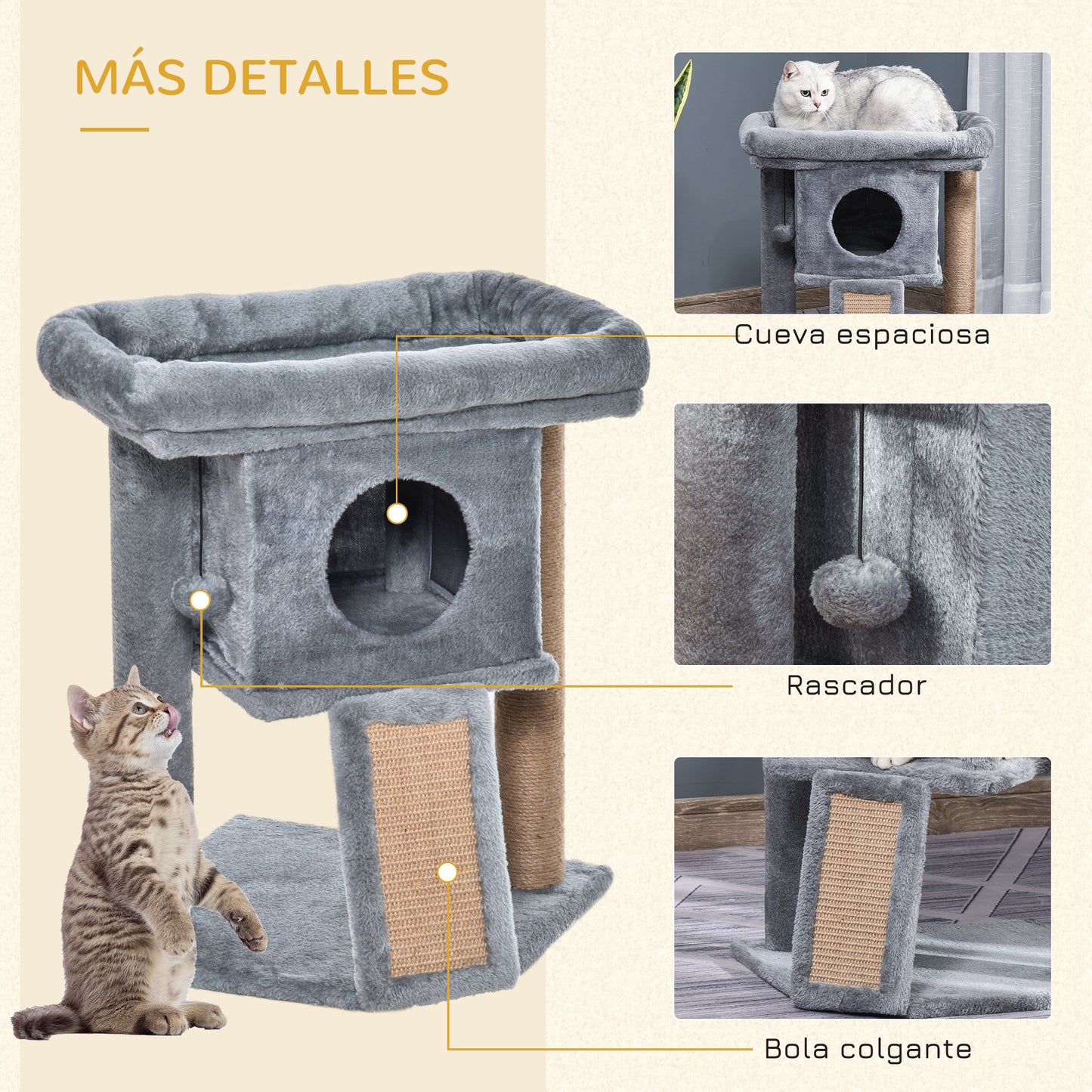 PawHut Árbol Rascador para Gatos Pequeños de 57 cm Torre para Gatos con Poste de Yute Rampa para Rascar Cama y Bola Colgante 40x40x57 cm Gris Claro