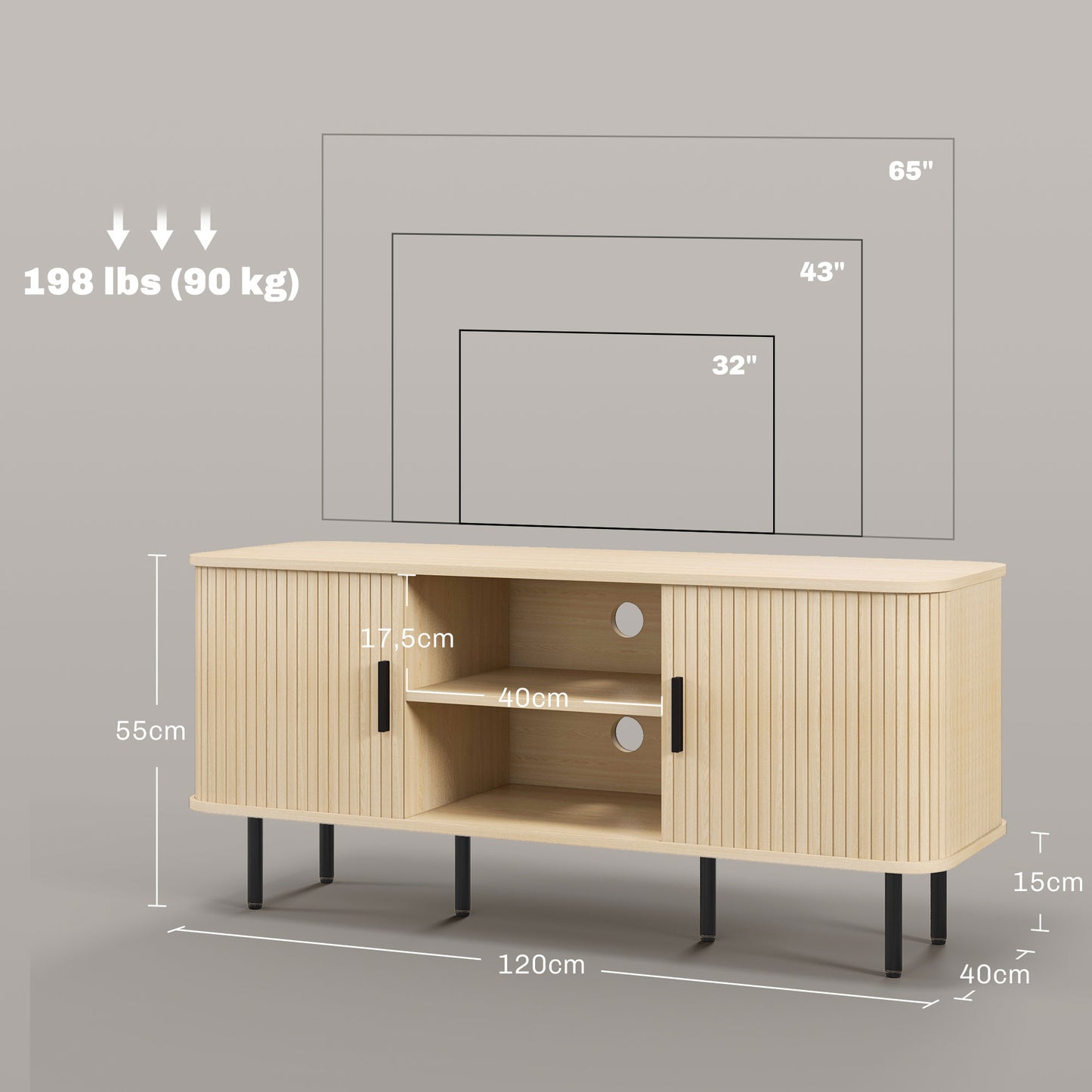 HOMCOM Mueble de TV Vintage Mesa de TV de Salón con 2 Puertas Correderas de Tambor 2 Estantes Abiertos Mueble para Televisores de 55 Pulgadas 120x40x55 cm Roble