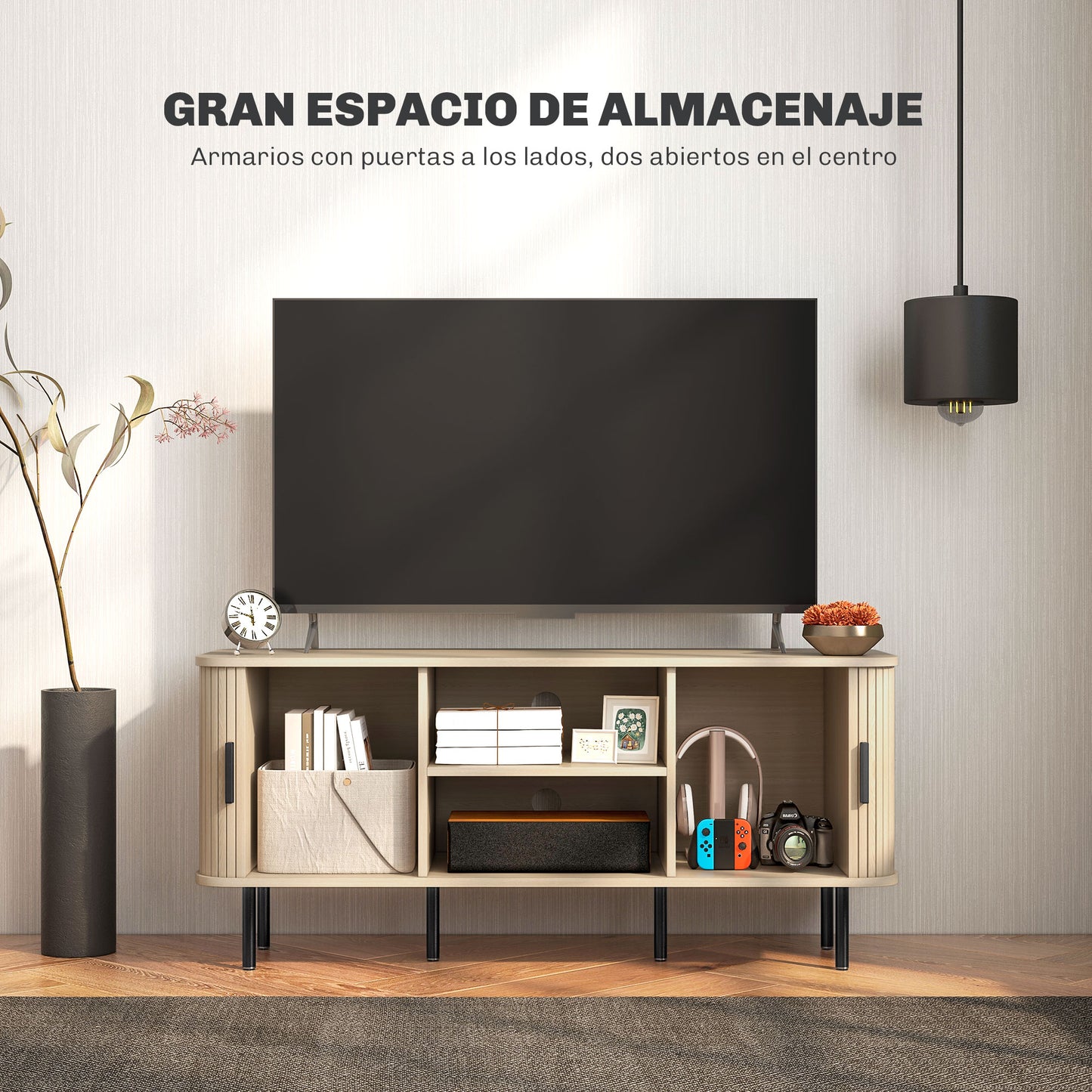 HOMCOM Mueble de TV Vintage Mesa de TV de Salón con 2 Puertas Correderas de Tambor 2 Estantes Abiertos Mueble para Televisores de 55 Pulgadas 120x40x55 cm Roble