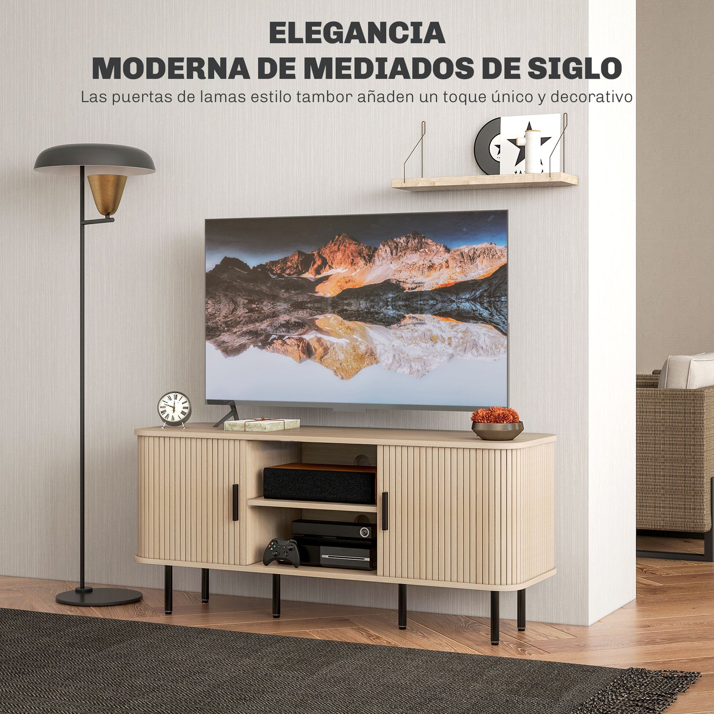 HOMCOM Mueble de TV Vintage Mesa de TV de Salón con 2 Puertas Correderas de Tambor 2 Estantes Abiertos Mueble para Televisores de 55 Pulgadas 120x40x55 cm Roble