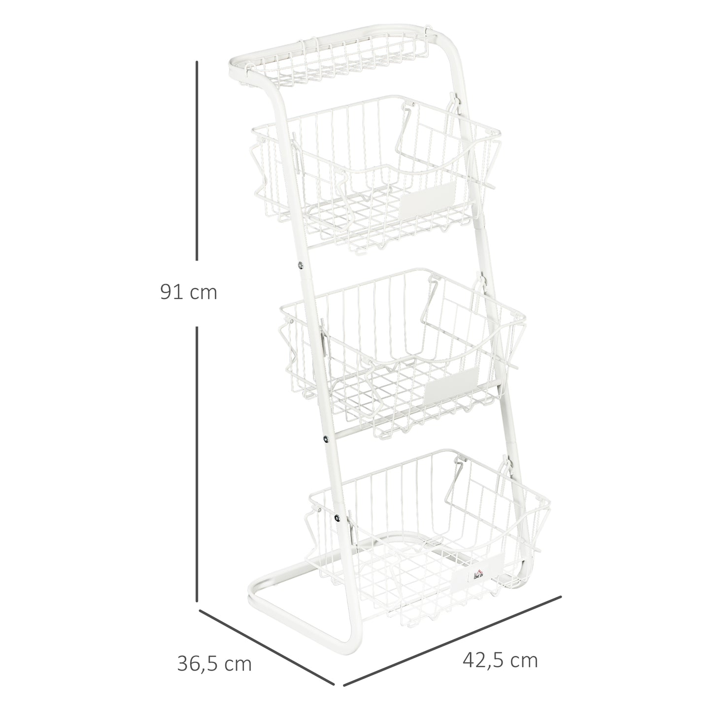 HOMCOM Cesta de Frutas y Verduras de 3 Niveles Organizador de Cestas Apilables de Acero con 3 Cestas Extraíbles para Cocina Salón Dormitorio 42,5x36,5x91 cm Blanco