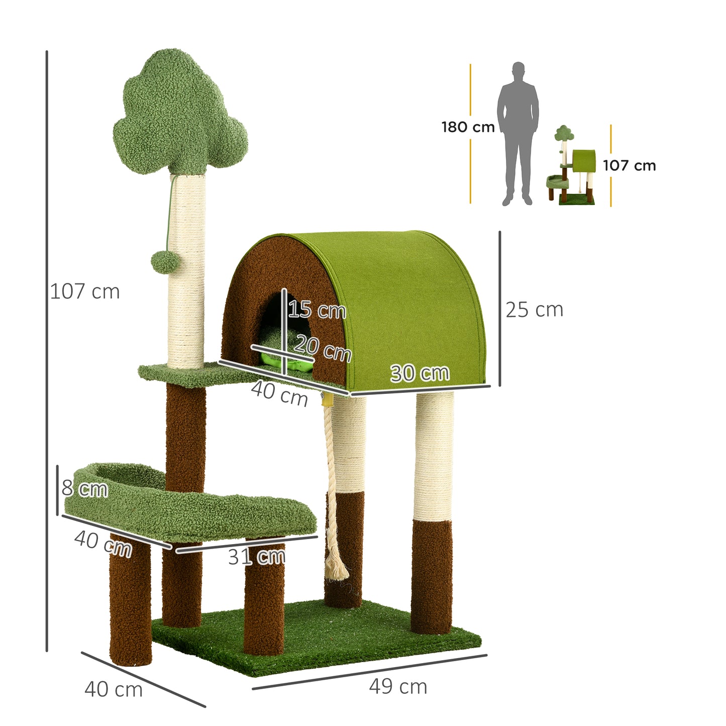 PawHut Árbol Rascador para Gatos Mediano 107 cm Torre para Gatos Centro de Actividades para Gatitos con Nido Poste de Sisal Césped Falso y Bola Colgante 49x40x107 cm Verde