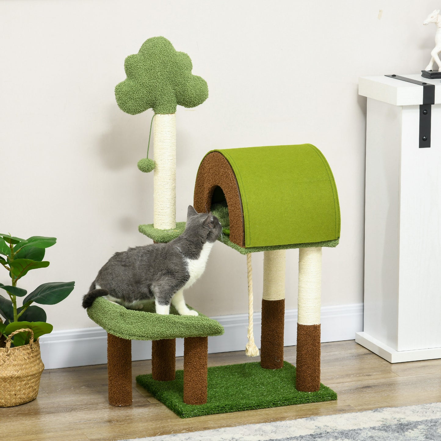 PawHut Árbol Rascador para Gatos Mediano 107 cm Torre para Gatos Centro de Actividades para Gatitos con Nido Poste de Sisal Césped Falso y Bola Colgante 49x40x107 cm Verde