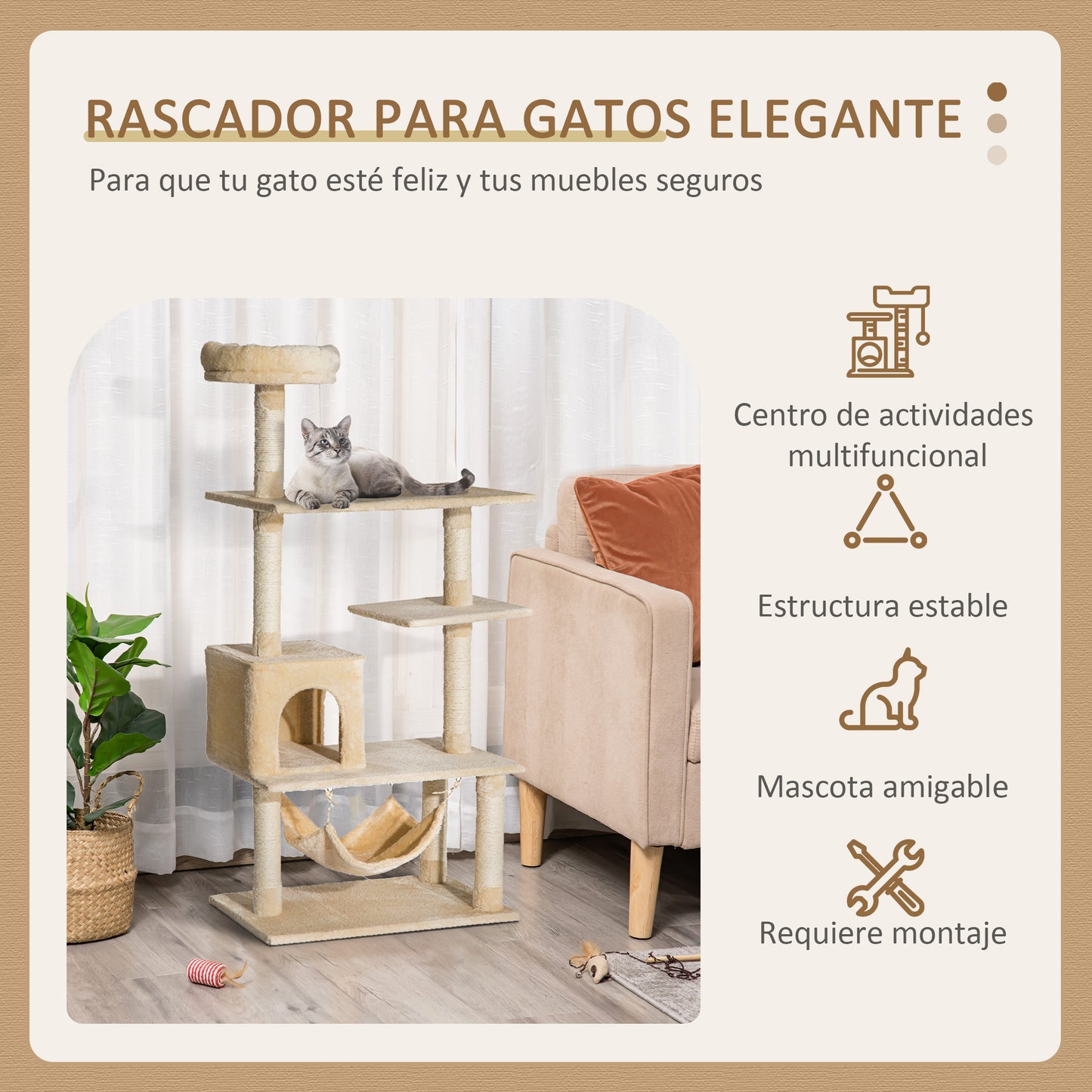 PawHut Árbol Rascador para Gatos Grande 70x40x152 cm Torre para Gatos con Múltiples Plataformas Juguete Colgante Cueva Espaciosa Hamaca Suave Postes para Gatos Dormir y Jugar Beige