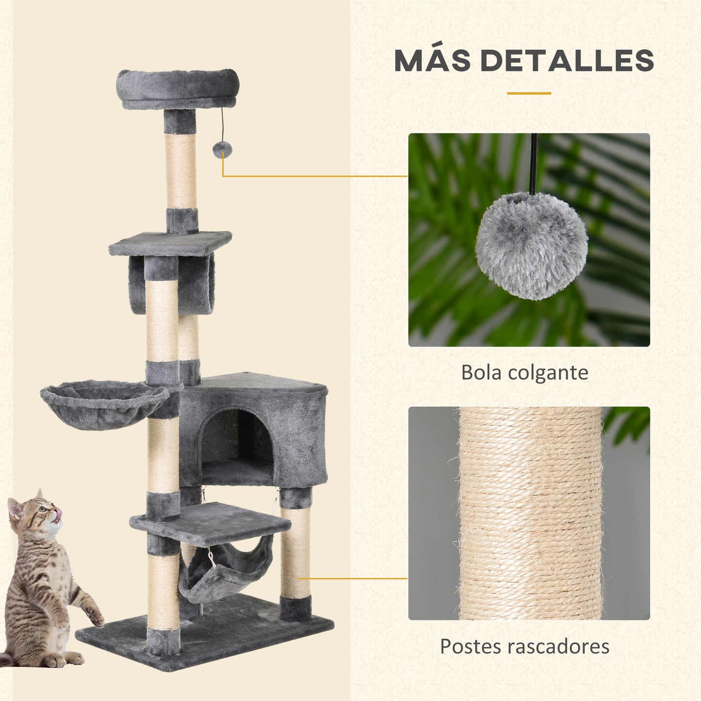 PawHut Árbol Rascador para Gatos 154 cm de Altura Torre para Gatos con Plataformas Túnel Hamaca y Postes de Rascado de Sisal 60x40x154 cm Gris