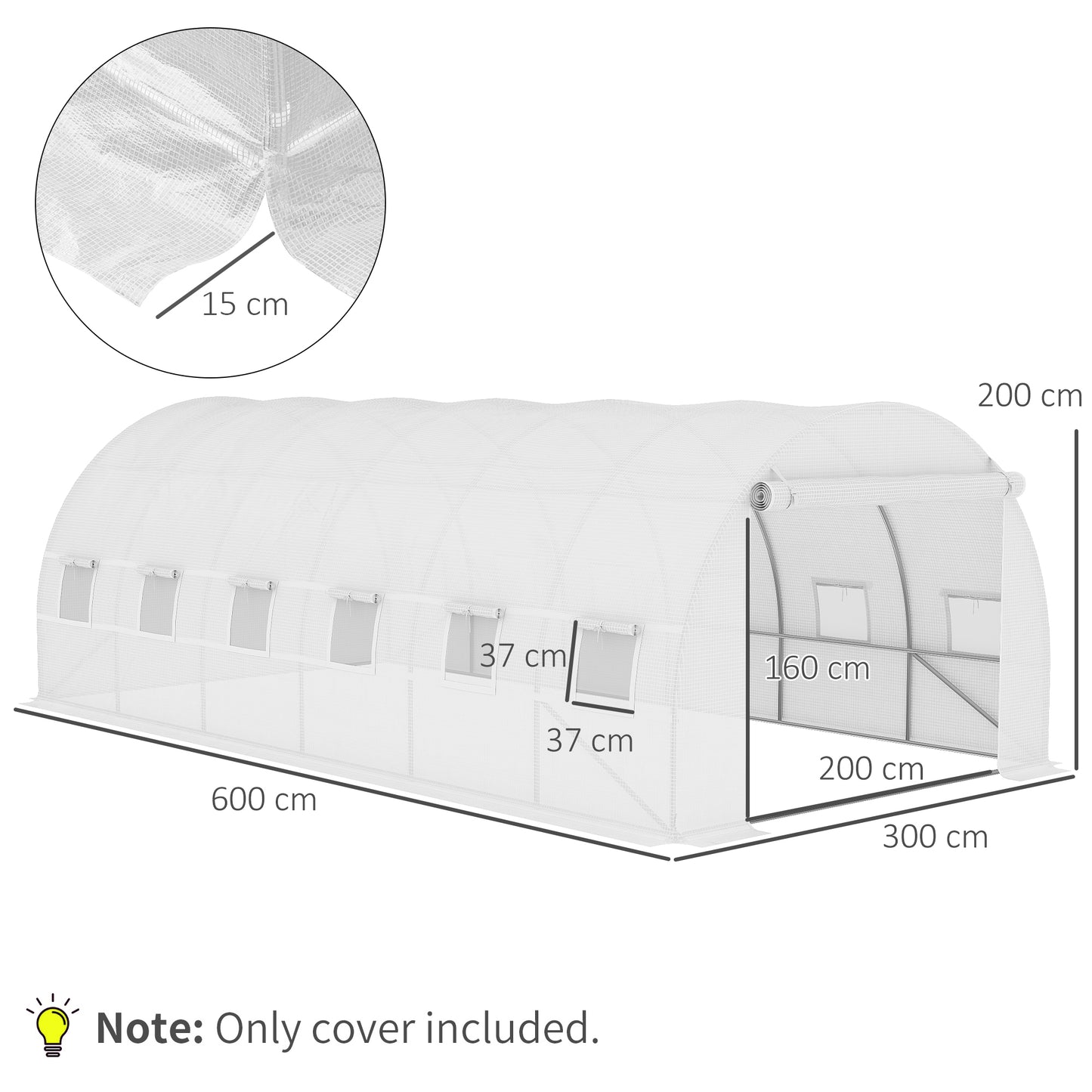 Outsunny Cubierta de Invernadero de Túnel 6x3x2 m Cubierta de Repuesto Invernadero Polietileno con 12 Ventanas y Puerta Enrollable Protección de Plantas para Jardín Blanco