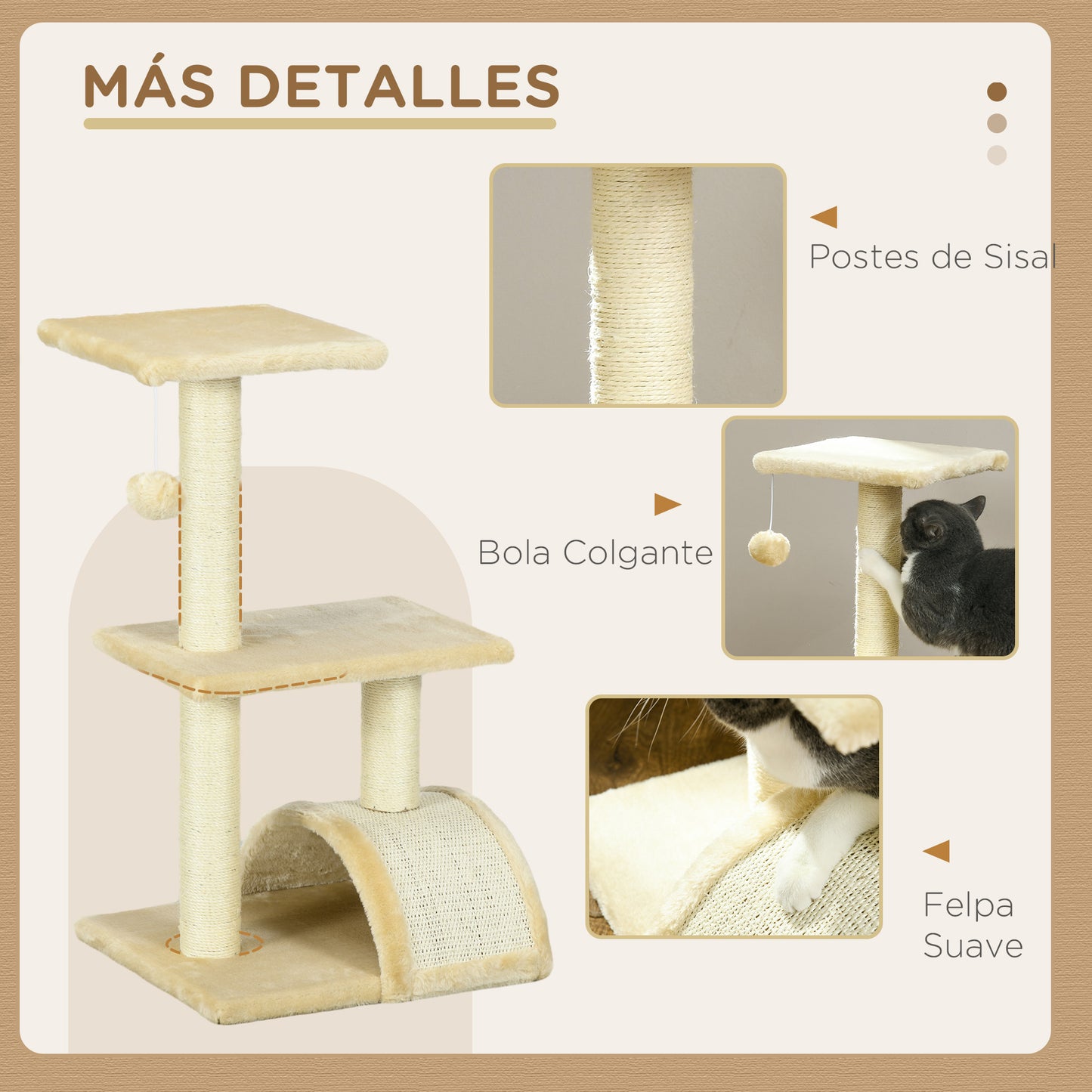 PawHut Árbol Rascador para Gatos Mediano Árbol para Gatos de 3 Niveles Torre para Gatos con Postes de Sisal Tablero para Rascar y Bola Colgante Crema