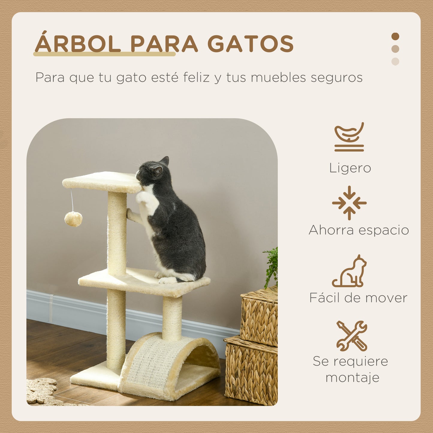 PawHut Árbol Rascador para Gatos Mediano Árbol para Gatos de 3 Niveles Torre para Gatos con Postes de Sisal Tablero para Rascar y Bola Colgante Crema