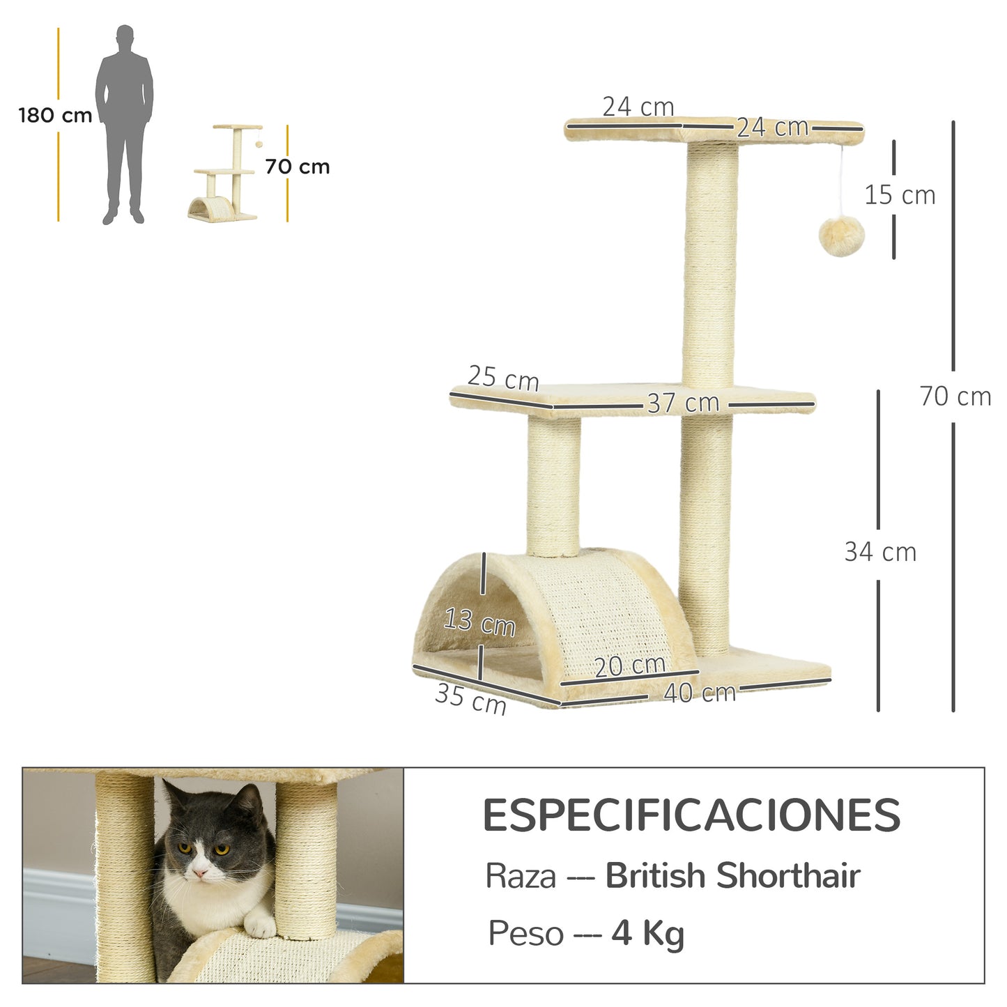 PawHut Árbol Rascador para Gatos Mediano Árbol para Gatos de 3 Niveles Torre para Gatos con Postes de Sisal Tablero para Rascar y Bola Colgante Crema