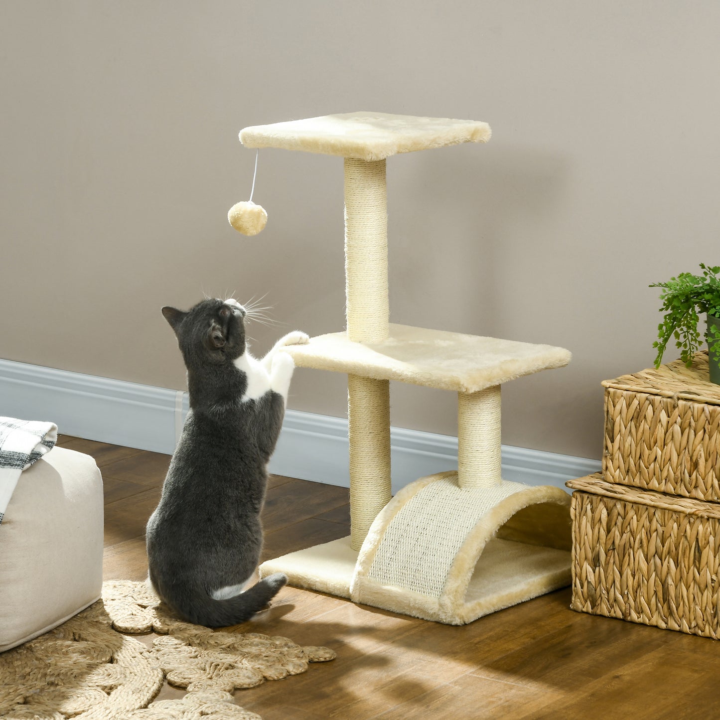 PawHut Árbol Rascador para Gatos Mediano Árbol para Gatos de 3 Niveles Torre para Gatos con Postes de Sisal Tablero para Rascar y Bola Colgante Crema