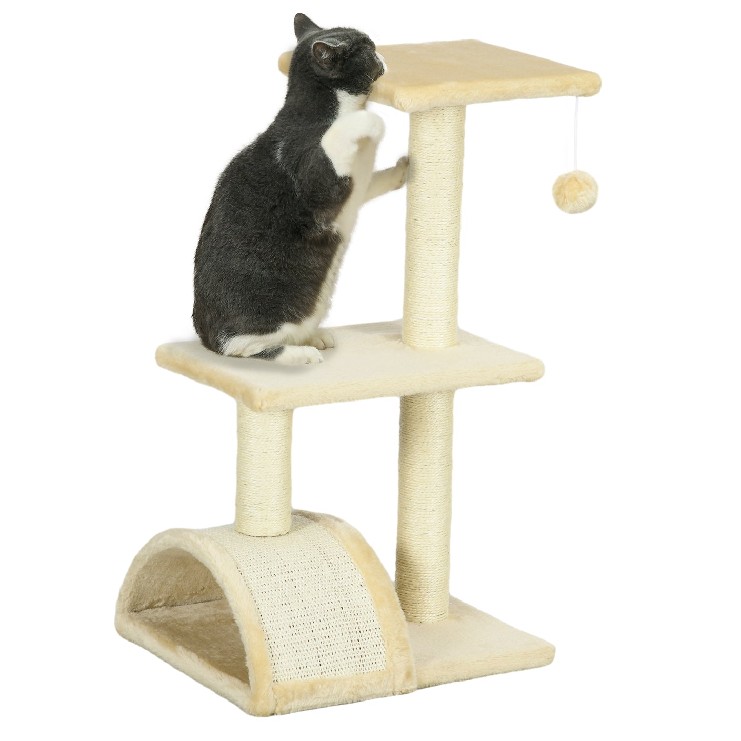 PawHut Árbol Rascador para Gatos Mediano Árbol para Gatos de 3 Niveles Torre para Gatos con Postes de Sisal Tablero para Rascar y Bola Colgante Crema