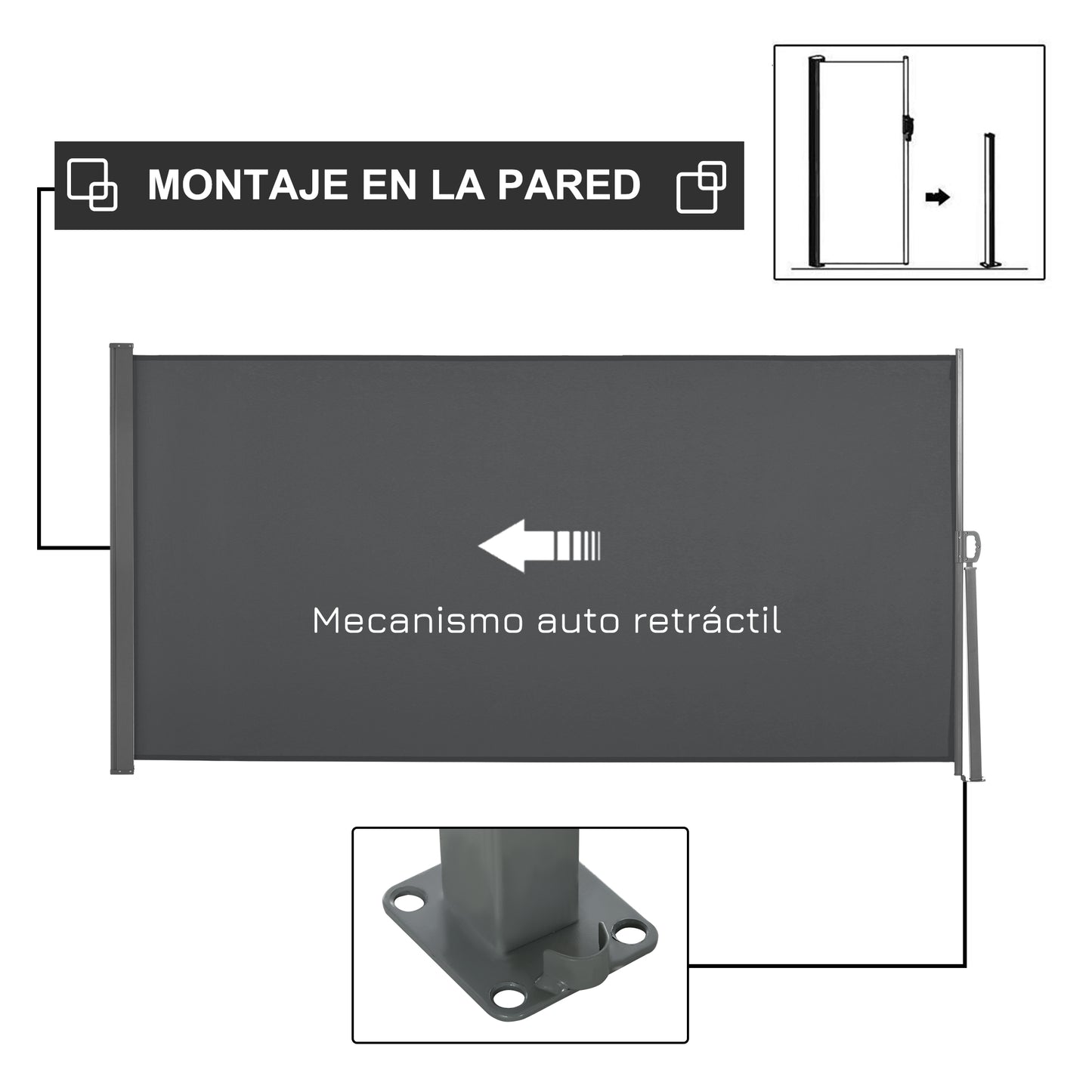 Outsunny Toldo Lateral Retráctil 300x160 cm Pantalla Enrollable Mampara de Privacidad Impermeable y Anti-UV Protege la Privacidad para Jardín Balcón Terraza Gris