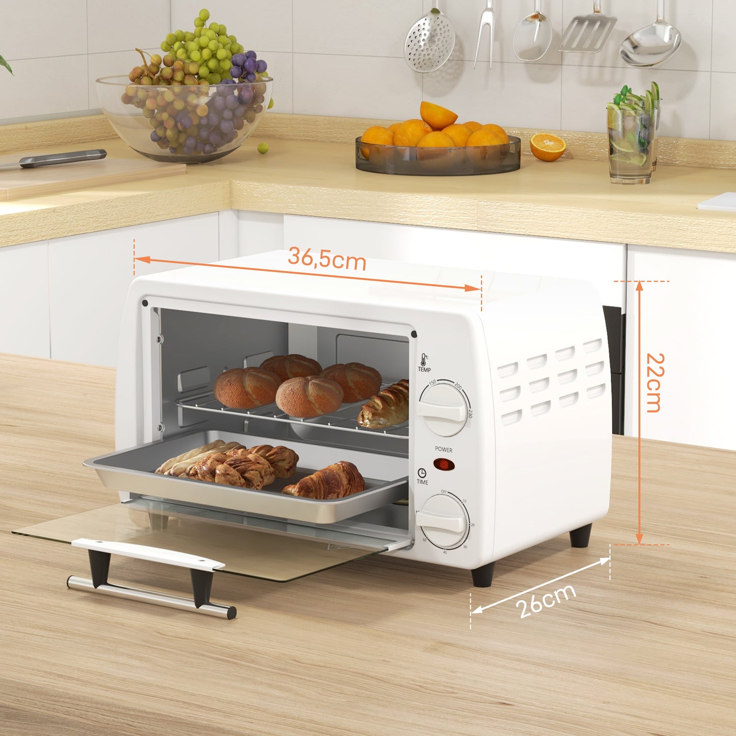 HOMCOM Horno Eléctrico Sobremesa 10 Litros 750W Horno Eléctrico Pequeño con Temperatura hasta 230 ℃ Temporizador 60 Minutos Bandeja y Rejilla 36,5x26x22 cm Blanco