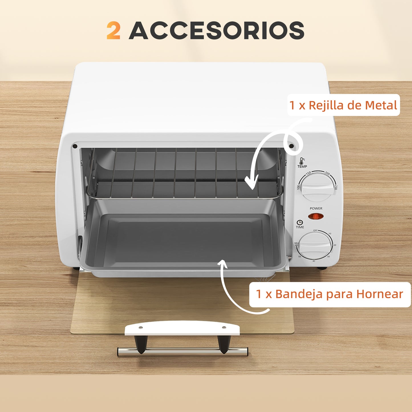 HOMCOM Horno Eléctrico Sobremesa 10 Litros 750W Horno Eléctrico Pequeño con Temperatura hasta 230 ℃ Temporizador 60 Minutos Bandeja y Rejilla 36,5x26x22 cm Blanco