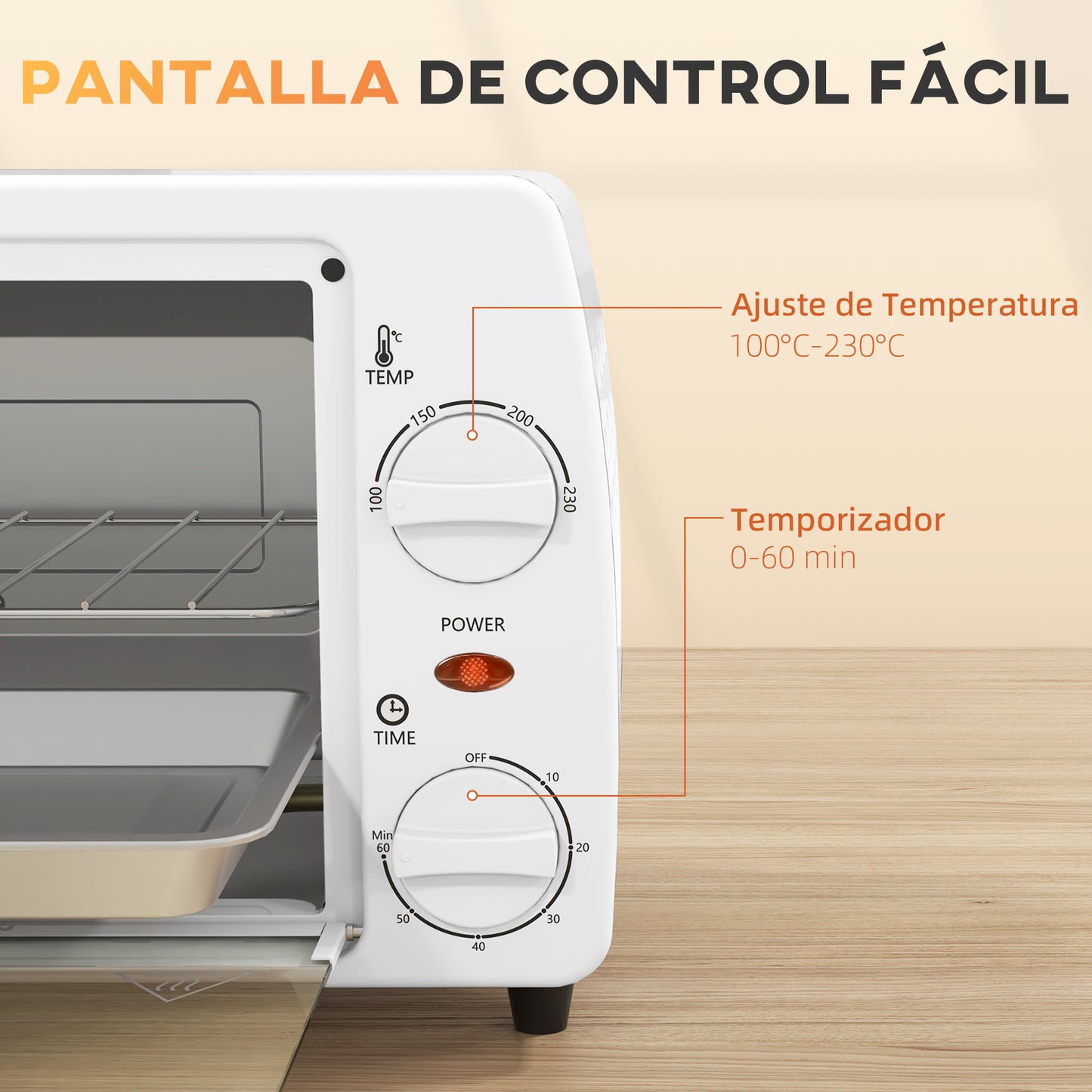 HOMCOM Horno Eléctrico Sobremesa 10 Litros 750W Horno Eléctrico Pequeño con Temperatura hasta 230 ℃ Temporizador 60 Minutos Bandeja y Rejilla 36,5x26x22 cm Blanco