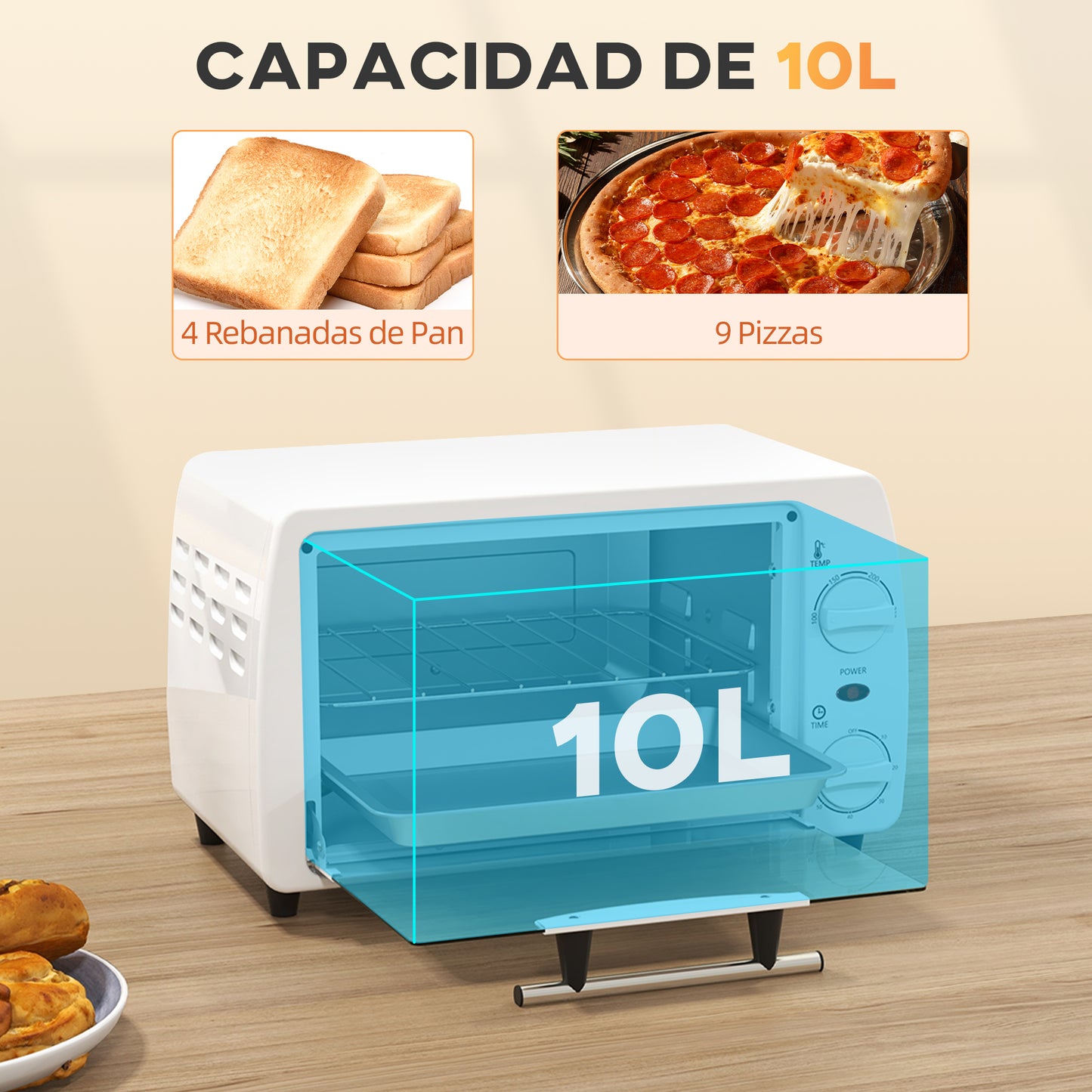 HOMCOM Horno Eléctrico Sobremesa 10 Litros 750W Horno Eléctrico Pequeño con Temperatura hasta 230 ℃ Temporizador 60 Minutos Bandeja y Rejilla 36,5x26x22 cm Blanco