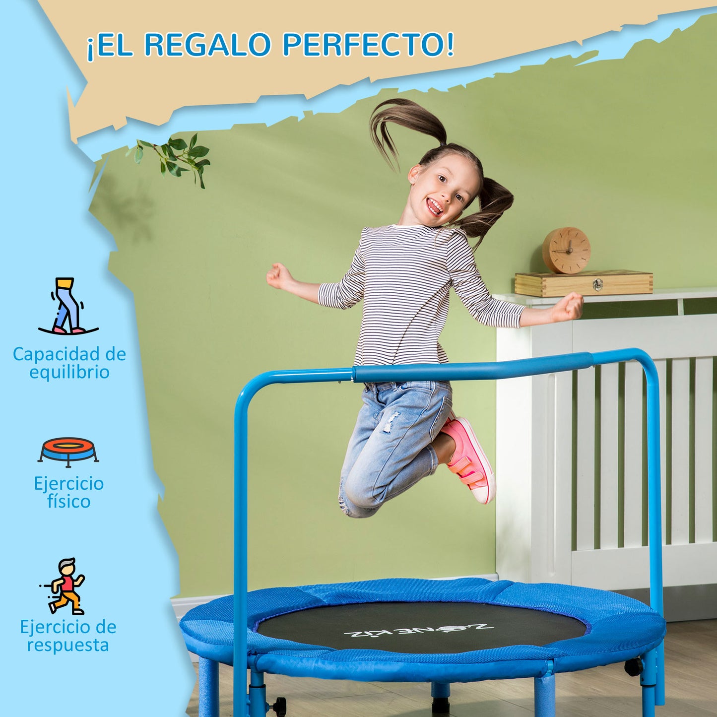 ZONEKIZ 3 en 1 Cama Elástica Infantil Ø96x74 cm Trampolín para Niños de 1-6 Años con Mango Extraíble Mini Trampolín para Interiores Carga 50 kg Azul