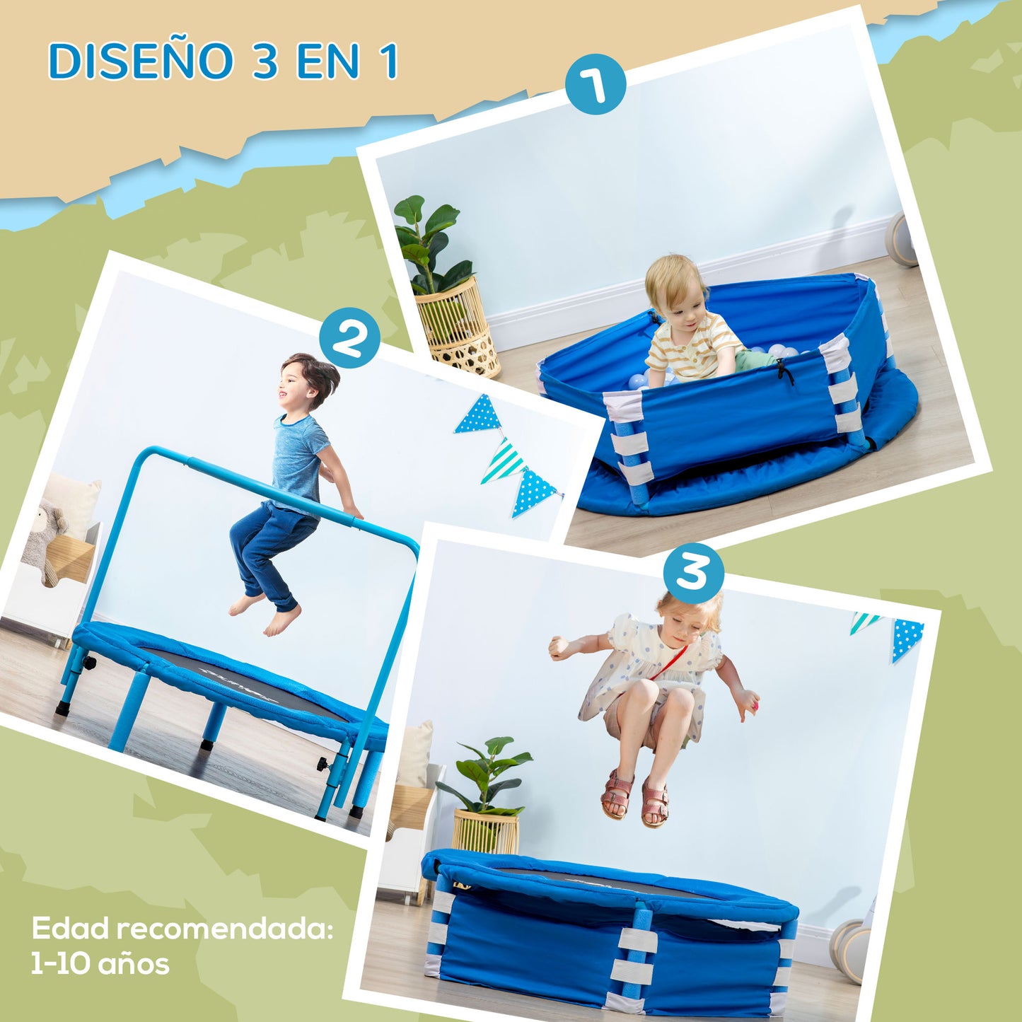 ZONEKIZ 3 en 1 Cama Elástica Infantil Ø96x74 cm Trampolín para Niños de 1-6 Años con Mango Extraíble Mini Trampolín para Interiores Carga 50 kg Azul