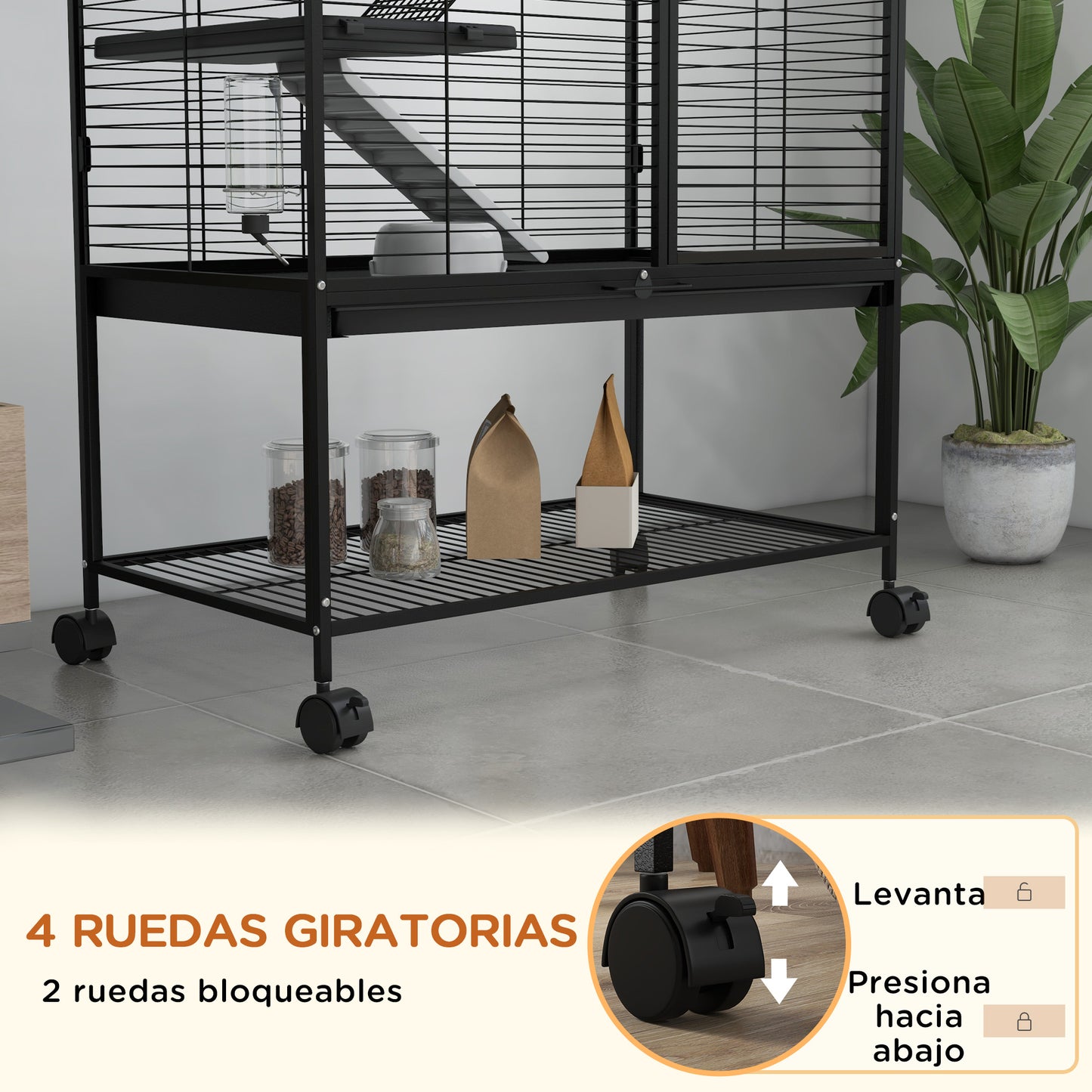 PawHut Jaula para Animales Pequeños de 4 Niveles Jaula para Roedores con Ruedas Rampa Cuenco Botella de Agua y Bandeja Extraíble Recinto para Conejos Chinchillas Hurones 78x45,5x136 cm Negro