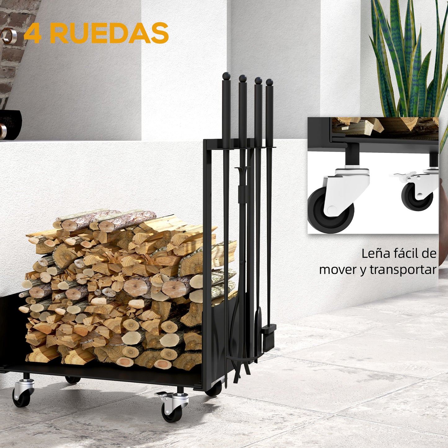 Outsunny Soporte para Leña con Ruedas Estante de Leña Metálico Leñero de Exterior con Pala Escoba Atizador y Tenazas Carga 60 kg 48x30x76 cm Negro