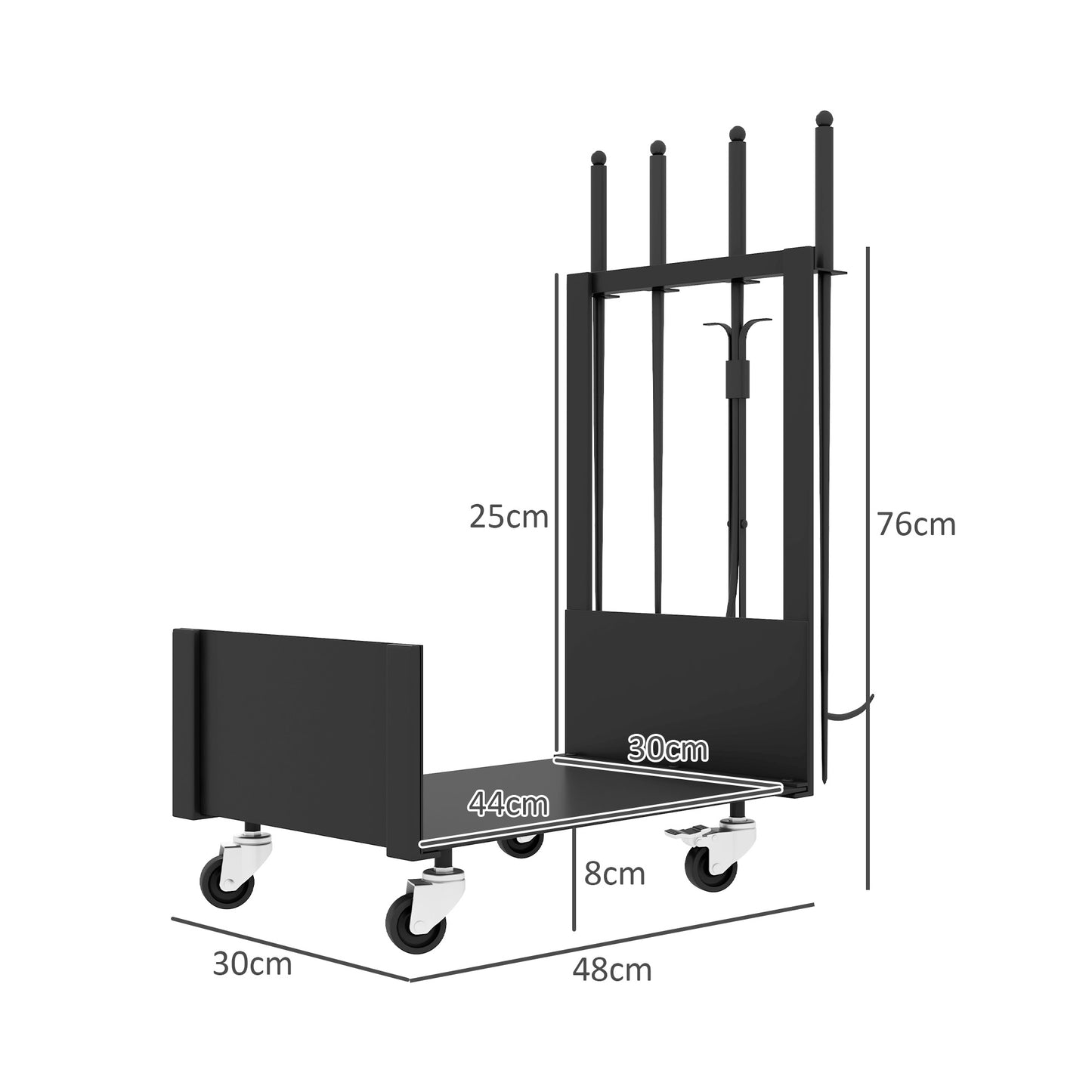 Outsunny Soporte para Leña con Ruedas Estante de Leña Metálico Leñero de Exterior con Pala Escoba Atizador y Tenazas Carga 60 kg 48x30x76 cm Negro