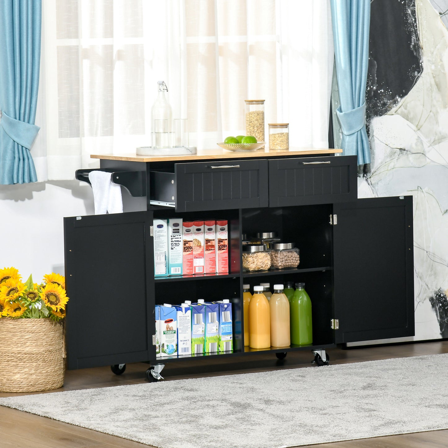 HOMCOM Carro de Cocina con Ruedas Mueble Auxiliar de Cocina con 2 Cajones 2 Puertas Estante Ajustable y Toallero para Comedor Salón 104x46x91 cm Negro