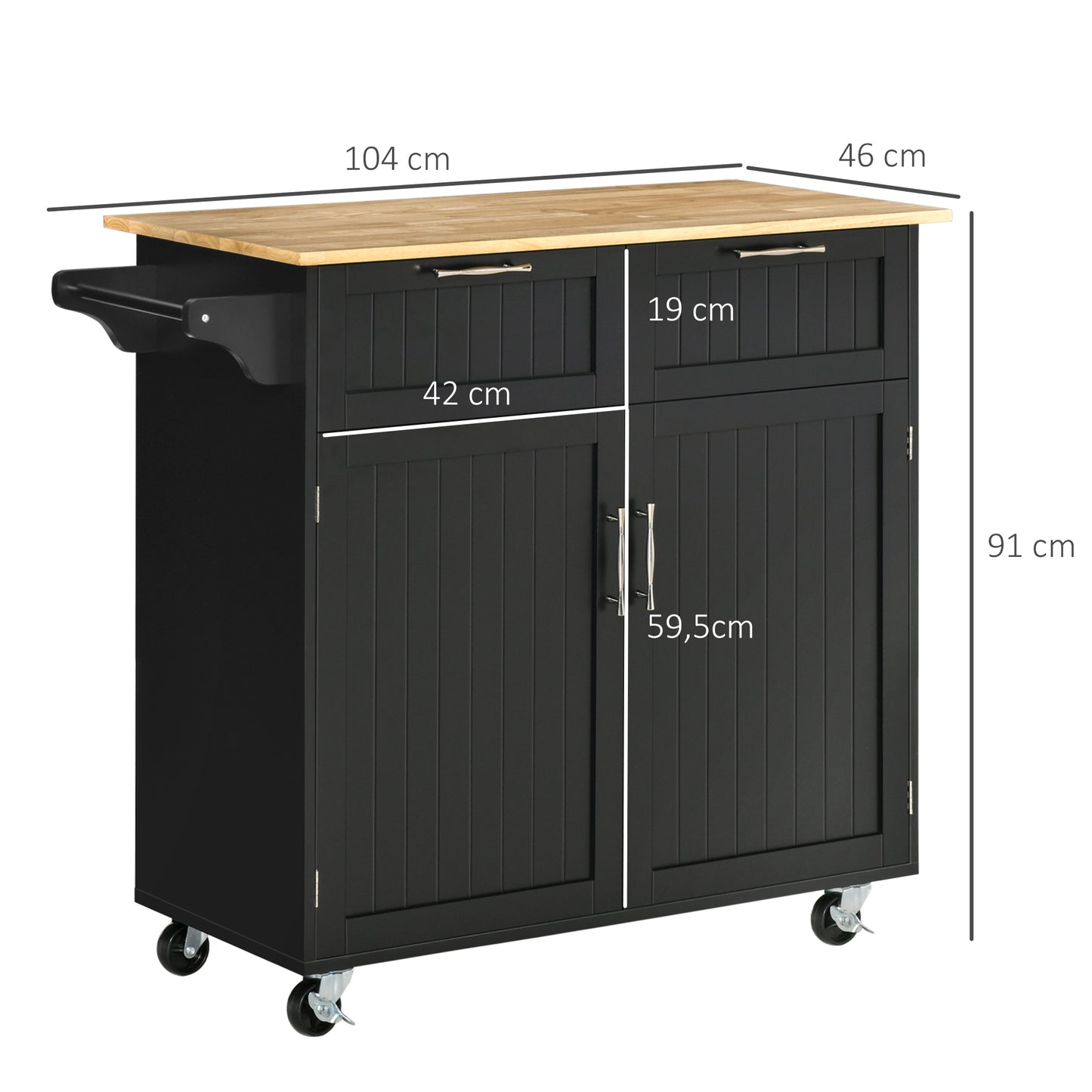 HOMCOM Carro de Cocina con Ruedas Mueble Auxiliar de Cocina con 2 Cajones 2 Puertas Estante Ajustable y Toallero para Comedor Salón 104x46x91 cm Negro