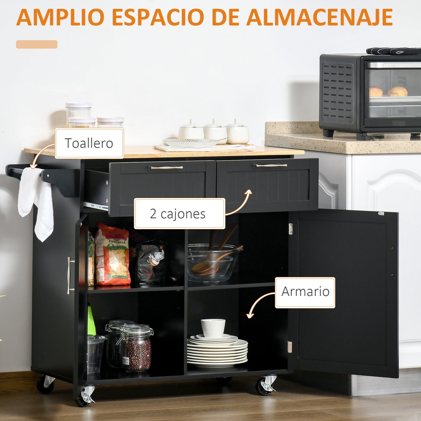 HOMCOM Carro de Cocina con Ruedas Mueble Auxiliar de Cocina con 2 Cajones 2 Puertas Estante Ajustable y Toallero para Comedor Salón 104x46x91 cm Negro