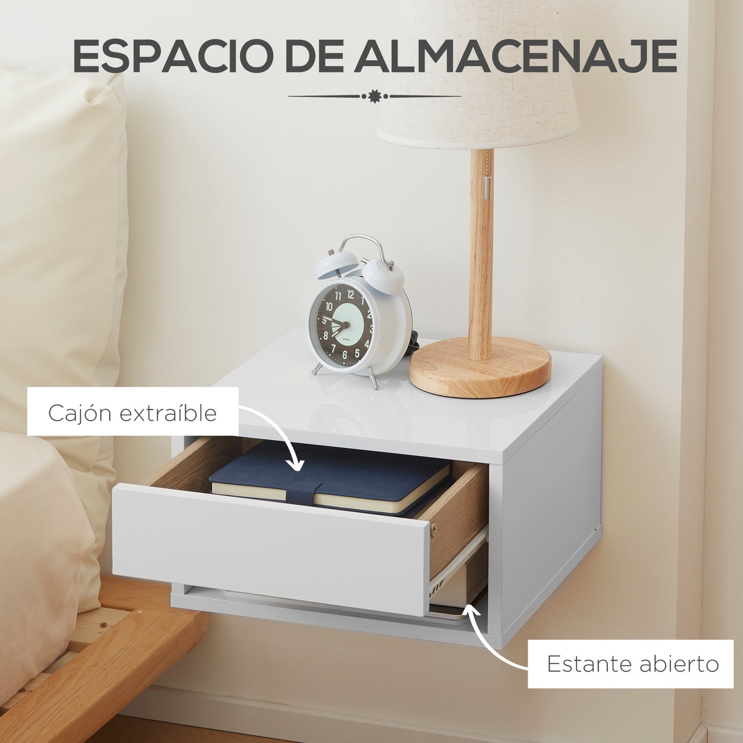 HOMCOM Juego de 2 Mesitas de Noche Flotantes Mesillas de Noche Mesas de Noche con Cajón para Dormitorio Salón 37x32x21 cm Blanco